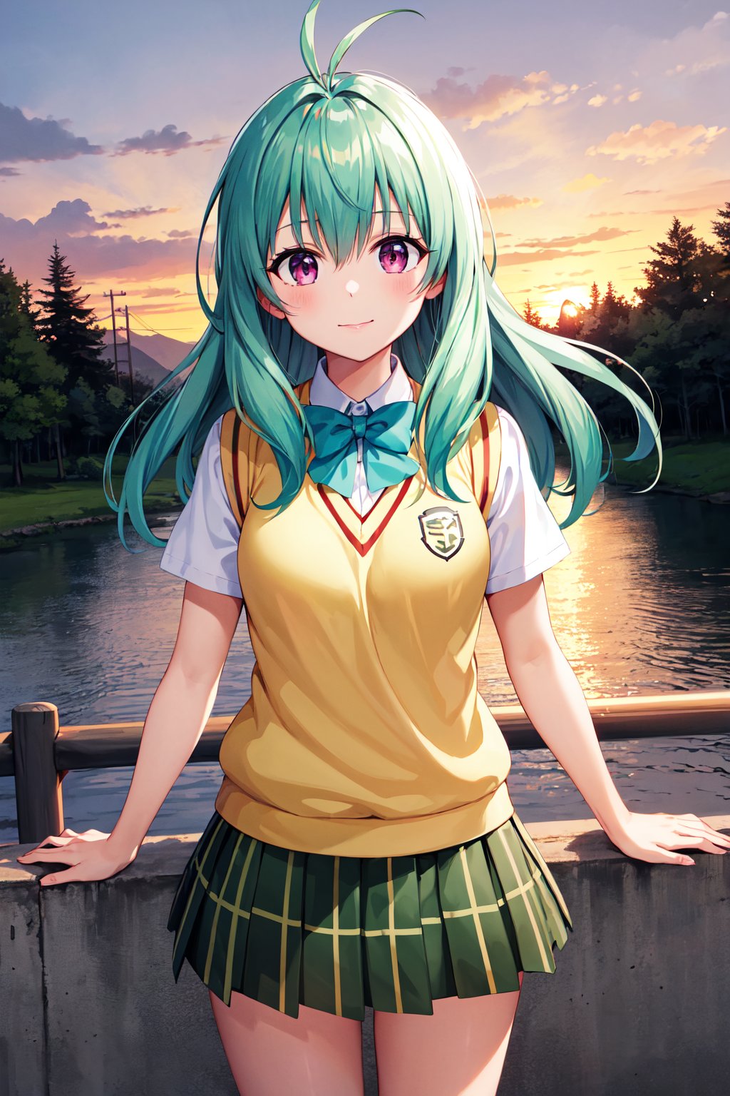 masterpiece, best quality, highres, aarej, solo, long hair, antenna hair, purple eyes, school uniform, green bowtie, white shirt, sweater vest, yellow vest, short sleeves, plaid skirt, green skirt,  <lora:run_elsie_jewelria_v1:0.7>, bridge, sunset, standing