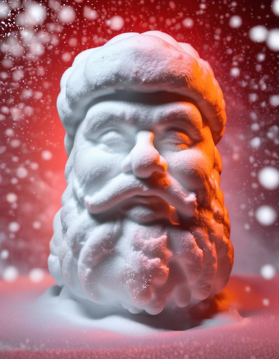 <lora:Aether_Snow_v1_SDXL_LoRA:1.0> photo of santa made of snow, cinematic, red lighting