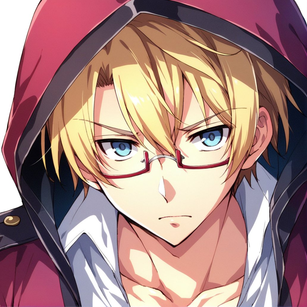 score_9, score_8_up, LegendofHeroes, source_anime, 1boy, blonde hair, blue eyes, closed mouth, portrait, front view, collarbone, glasses, hood, hood down, hoodie, jacket, looking at viewer, male focus, red jacket, semi-rimless eyewear, shirt, simple background, solo, upper body, white background, white shirt,  <lora:GameStyle2.0:0.8>