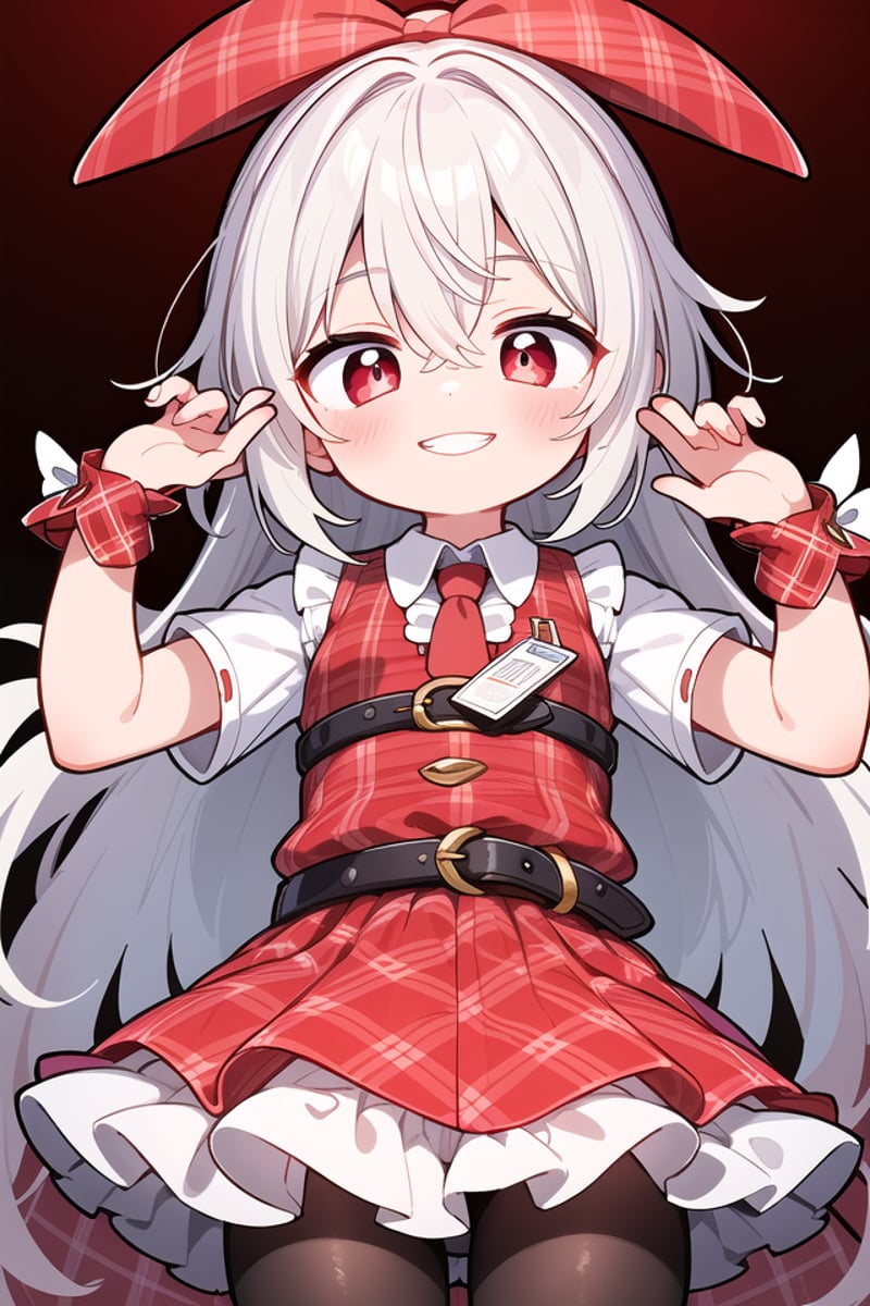 <lora:talkmouth_I_type2_v100:1>insanely detailed, absurdres, ultra-highres, ultra-detailed, best quality,1girl, solo, nice hands, perfect handsBREAK(Enchant:1.4), (red theme:1.5), ((red plaid pattern, tone on tone):1.4), (idol uniform:1.2), (fusion of sleeveless (red plaid pattern) vest and red sundress:1.4), (red tie:1.4), ((red plaid pattern) multi-layered skirt with ruffles:1.3), ((red:1.3) platform HIGH boots:1.1), (red plaid pattern ribbon on head:1.3)    BREAK    (short sleeve white collared-shirt dress layering:1.2), (black pantyhose:1.2), (belt:1.3), (wristband:1.3), (naked skin:-1), (black vest:-1), (white vest:-1), (black skirt:-1), (white skirt:-1), (cleavage:-1.5)BREAKsmile, open mouthBREAK(45 angle:-1.5), (from side:-1.5),standing, cowboy shot, looking at viewerBREAKslender, kawaii, perfect symmetrical face, ultra cute girl, ultra cute face, ultra detailed eyes, ultra detailed hair, ultra cute, ultra beautifulBREAKin coffee shop, depth of field, ultra detailed backgroundBREAKmedium large breastsBREAKgrey hair, red eyes, bob, hair between eyes