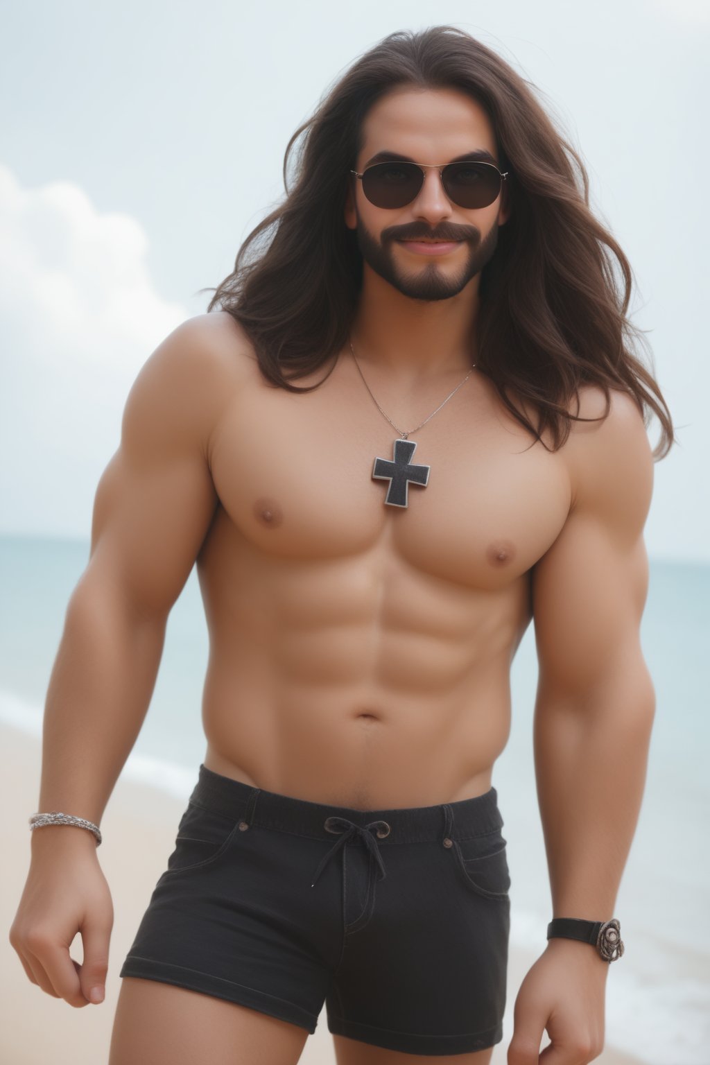 score_9, score_8_up, score_7_up, masterpiece, high quality, realistic <lora:LoboPonyLora:0.8> lbo, pale skin, long hair, face paint, full beard, iron cross necklace, shirtless, shorts, on the beach, dark sunglasses,smile, cool pose