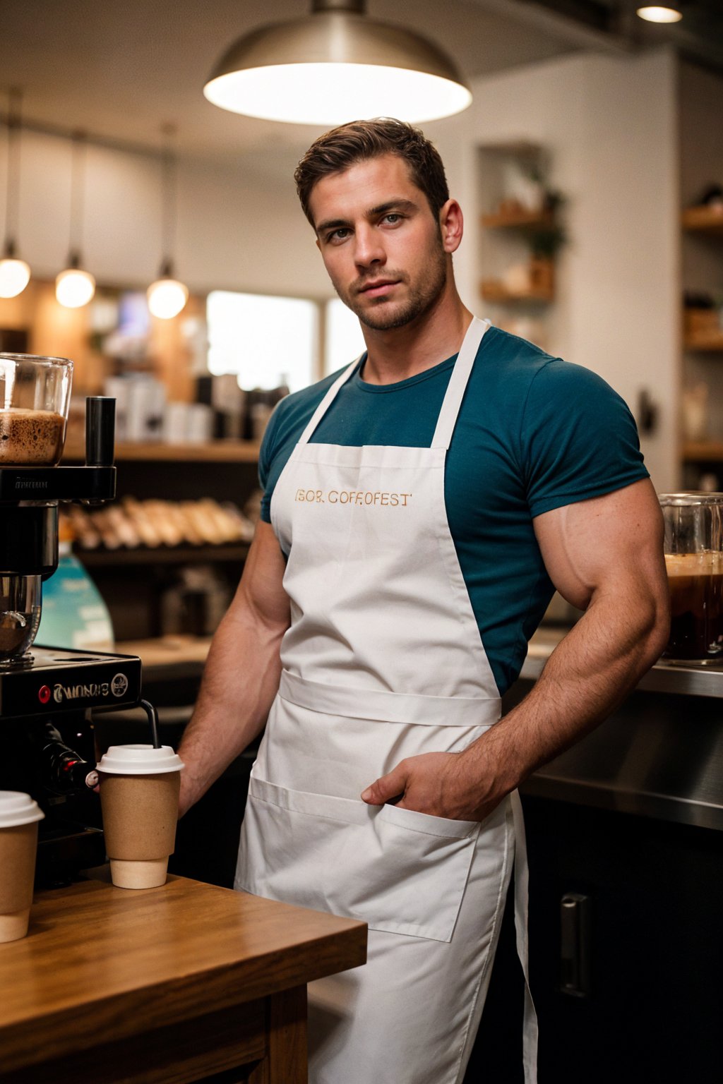 hot handsome male barista, very tall+, standing behind counter, giving coffee cup to a customer, wearing tiny green apron, detailed skin, huge pectorals, huge muscles, very narrow waist. masculine, manly, realistic, highly detailed, realistic eyes, intricate details, detailed background, depth of field, ((analog photo:1.2)), (subsurface scattering, filmic, chiaroscuro, soft light, vibrant colors:1.2), (vacations, selective focus, European film, movie still, film grain:1.2)