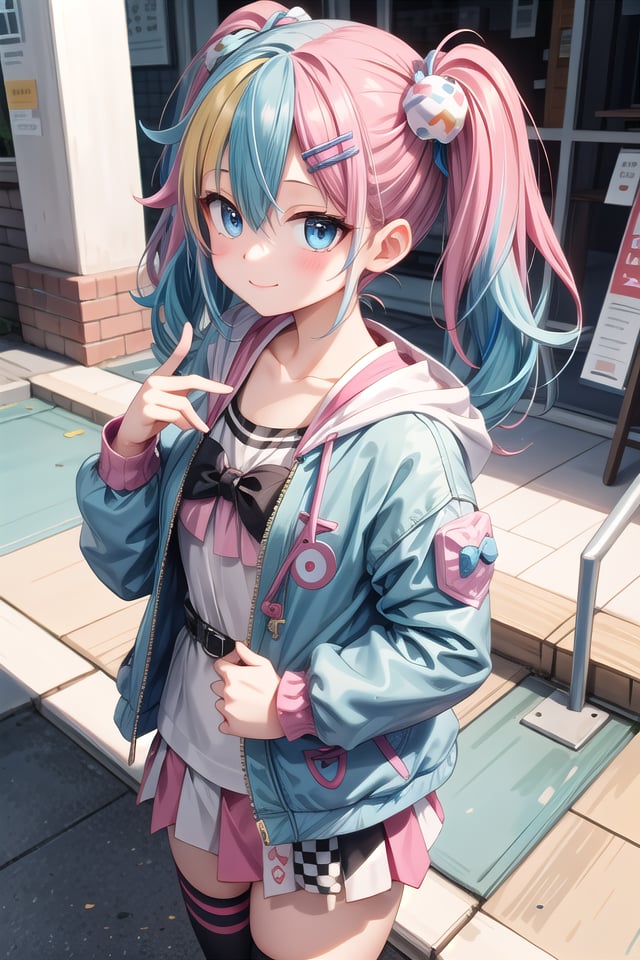 insanely detailed, absurdres, ultra-highres, ultra-detailed, best quality,1girl, solo, nice hands, perfect handsBREAK(Harajuku-style Decora pank fashion:1.5), (girl with layered colorful clothing:1.3), (multiple hair clips),knee-high socks with different patterns, carrying a plushie, standing in front of a graffiti wallBREAK(nsfw:-1.5)BREAKhappy smile, laugh, closed mouthBREAK,standing, cowboy shot, looking at viewerBREAKslender, kawaii, perfect symmetrical face, ultra cute girl, ultra cute face, ultra detailed eyes, ultra detailed hair, ultra cute, ultra beautifulBREAKin school ground, depth of field, ultra detailed backgroundBREAKmedium large breastsBREAK(random color hair, multicolored hair:1.2), rainbow color eyes, bob with bangs, hair between eyes