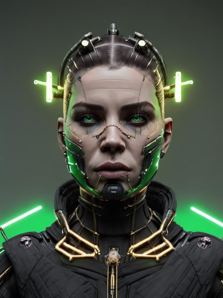 1girl, solo, looking_at_viewer, simple_background, green_eyes, makeup, portrait, science_fiction, realistic, android, cable, cyborg, cyberpunk , <lora:Digital_Madness:0.75> 