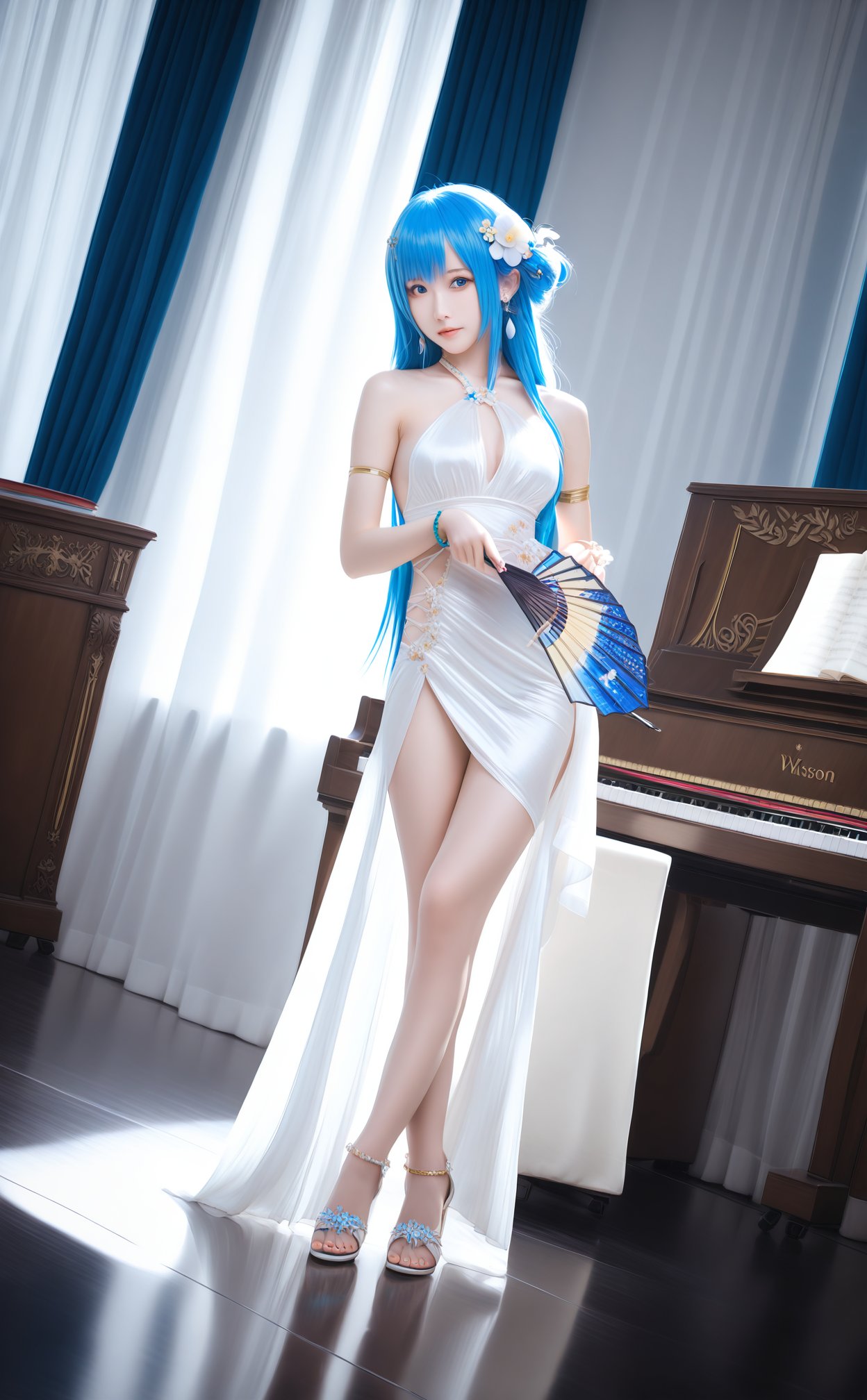 masterpiece,best quality,high quality,1girl,piano,blue hair,hand fan,long hair,dress,solo,high heels,curtains,flower,white dress,hair ornament,grand piano,folding fan,instrument,jewelry,holding fan,nail polish,toenail polish,breasts,realistic,anklet,hair flower,standing,strappy heels,toenails,blue eyes,bracelet,sandals,armlet,reflective floor,holding,white footwear,bare shoulders,thighlet,indoors,blurry,reflection,full body,crossed legs,side slit,dutch angle,looking at viewer,watson cross,toes,earrings,toeless footwear,