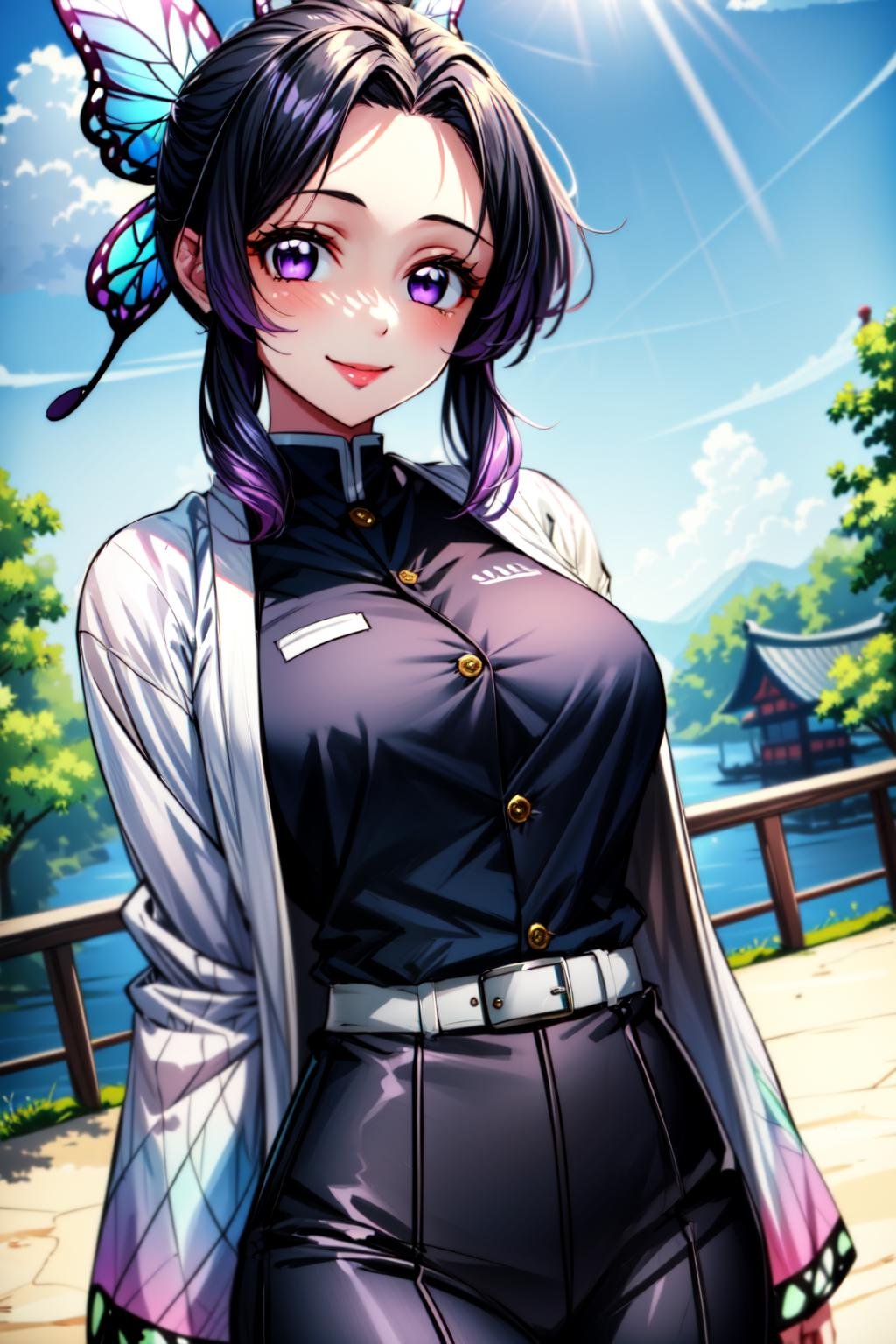 (best quality:1.2), 1girl, (masterpiece:1.2), raytracing, cute face, perfect face, ultra detailed,detailed face, 8k wallpaper, wide hips, <lora:more_details:0.5>, ShinobuKochou_NDV, 1girl, purple eyes, black-purple hair, japanese clothes, demon slayer uniform, butterfly hair ornament, belt, black pants, black jacket, smile,  <lora:ShinobuKochou_NDV:0.7>, outdoor