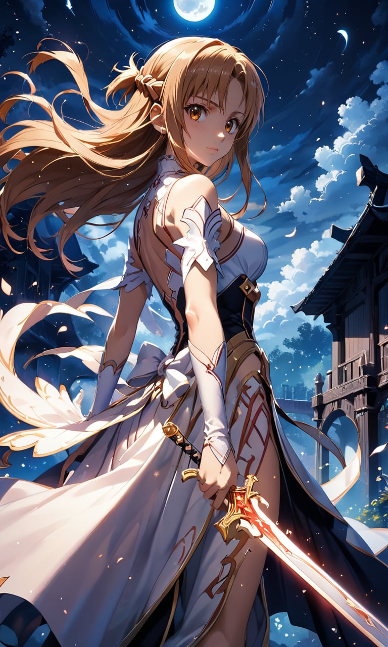 4n1v3rs3, score_9, score_8_up, score_7_up, (Asuna Yuuki), (sword art online), 3/4 bodyshot, in dynamic pose, (intricate details), moonlight passing through hair, floating hair, perfect night, fantasy background, (official art)