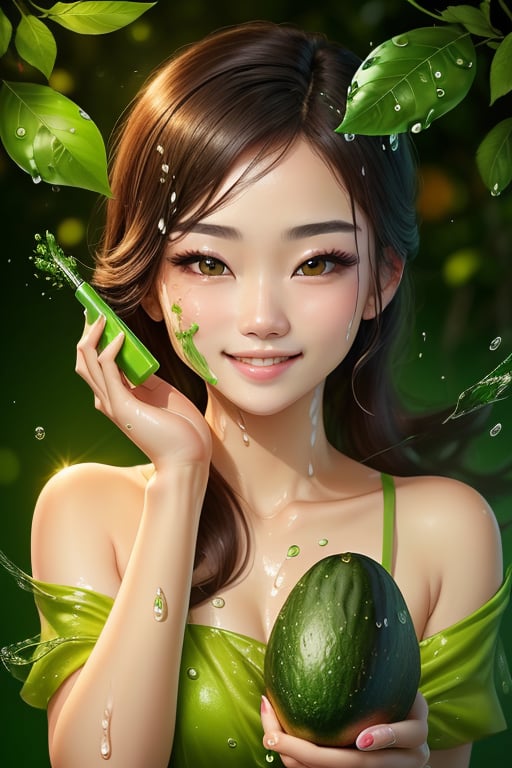 (masterpiece, top quality, best quality, official art, beautiful and aesthetic:1.2),1girl,chinese girl,clear face,smile,happy,(hold a facial cleanser),((cosmetics)),advertising,cosmetics,green theme,avocado,orange,leaves,gradient advanced background,water,((water splash)),