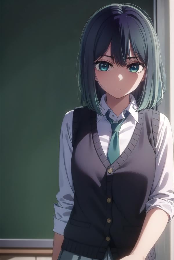 akanekurokawa, <lora:akane kurokawa s1-lora-nochekaiser:1>,akane kurokawa, bangs, (green eyes:1.3), blue hair, medium hair, dark blue hair,BREAK shirt, school uniform, white shirt, necktie, collared shirt, vest, blue necktie,BREAK indoors, classroom,BREAK looking at viewer, (cowboy shot:1.5),BREAK <lyco:GoodHands-beta2:1>, (masterpiece:1.2), best quality, high resolution, unity 8k wallpaper, (illustration:0.8), (beautiful detailed eyes:1.6), extremely detailed face, perfect lighting, extremely detailed CG, (perfect hands, perfect anatomy),