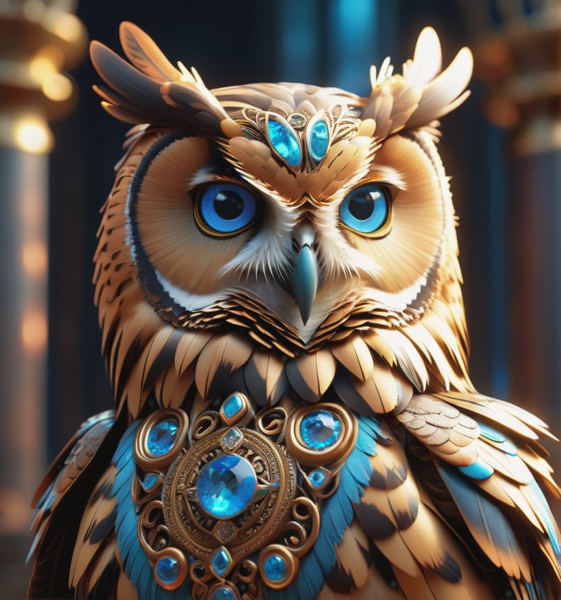 photorealistic movie, a digital painting of an owl with blue eyes, unreal engine render + a goddess, very detailed , beeple global illumination, elaborate ornate jewellery, trending on cgsociety, motion graphics, rossdraws global illumination, cgsociety
