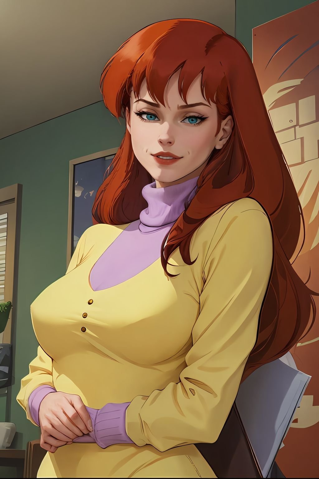 absurdres, mary jane watson, upper body, yellow sweater with purple turtleneck <lora:Mary Jane Watson_v1:1>