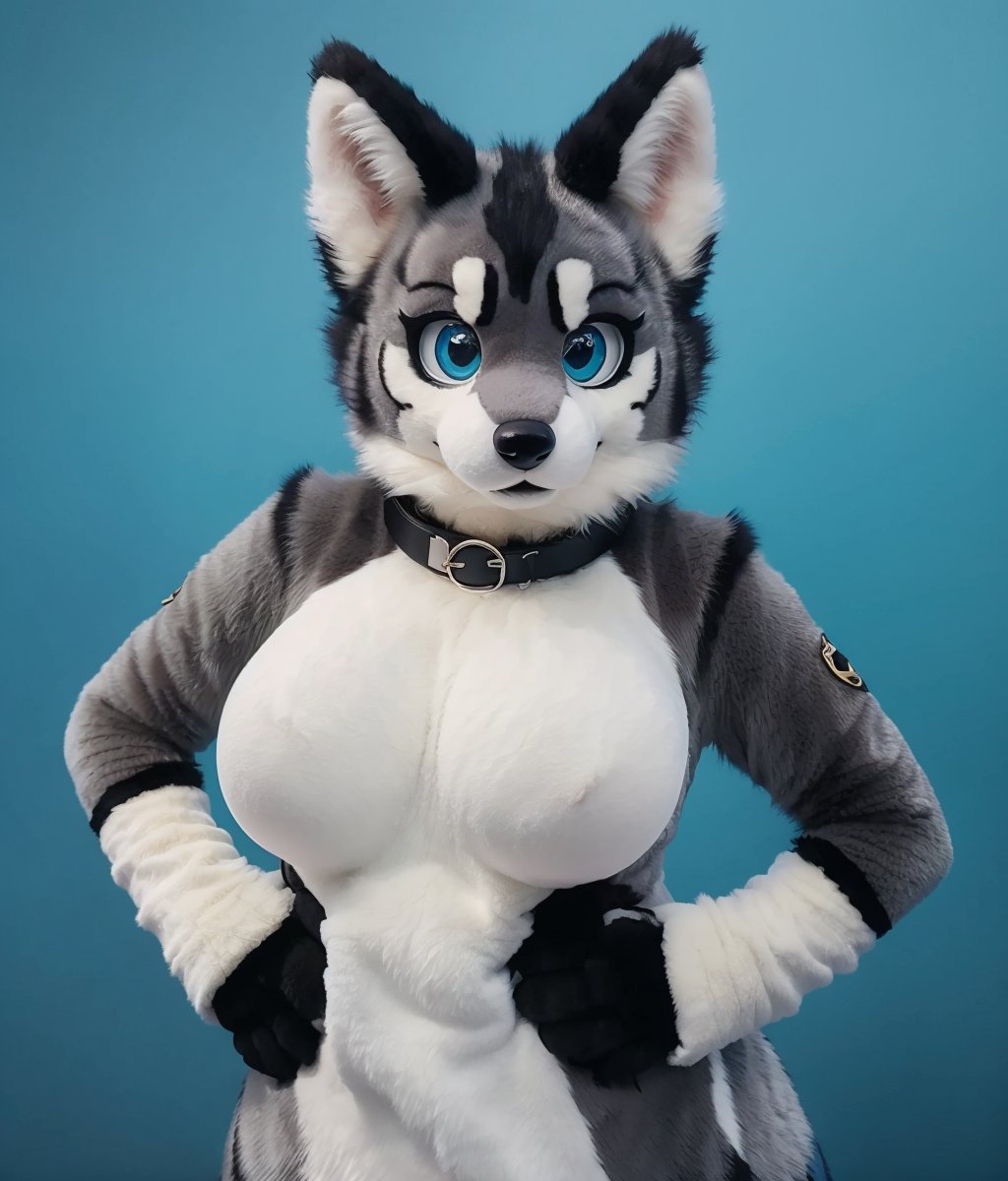 furry,wolf,big eyes,fur collar,paw gloves,large tail,animal collar,fluffy,big breasts,curvy,chuchumy,(grey_fur:0.7),solo,no humans,looking at viewer,cuteg,fursuit,Fursona,((aqua_background)),<lora:Clothes_Fursona_v1:0.7>,