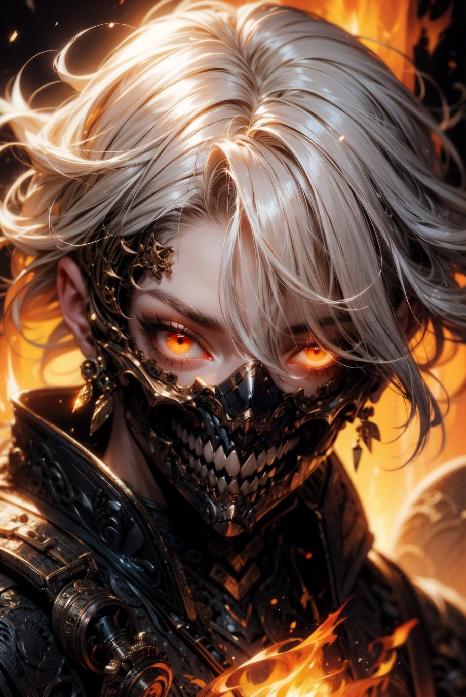 solo, looking at viewer, short hair, bangs, red eyes, 1boy, hair between eyes, white hair, grey hair, male focus, teeth, hair over one eye, orange eyes, mask, glowing, fire, portrait, glowing eyes, close-up, one eye covered, glowing eye, flaming eye, embers, burning