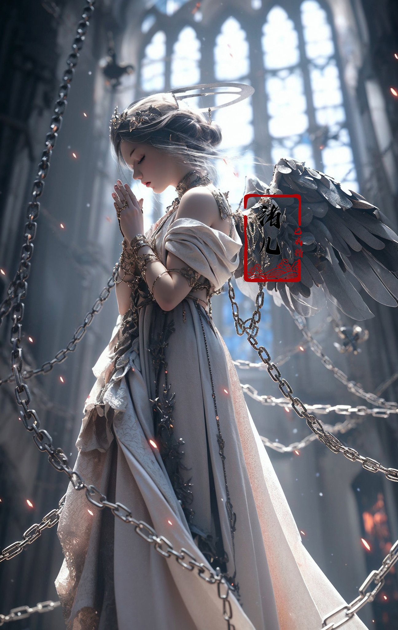 Epic CG masterpiece, a woman dressed in an angelic outfit in chains, delicate face, hdr,dtm, full ha,8K, ultra detailed graphic tension, dynamic poses, stunning colors, 3D rendering, surrealism, cinematic lighting effects, realism, 00 renderer, super realistic, full - body photos, super vista, super wide Angle, rich details, highest quality, extremely exquisite,Black background，1girl, chain, wings, solo, dress, blindfold, white dress, jewelry, veil, choker, ring, own hands together, angel wings, feathered wings, covered eyes, halo，(full body:1.5),closed eyes，own hands together，<lora:绪儿-锁链天使 Angel:0.8>