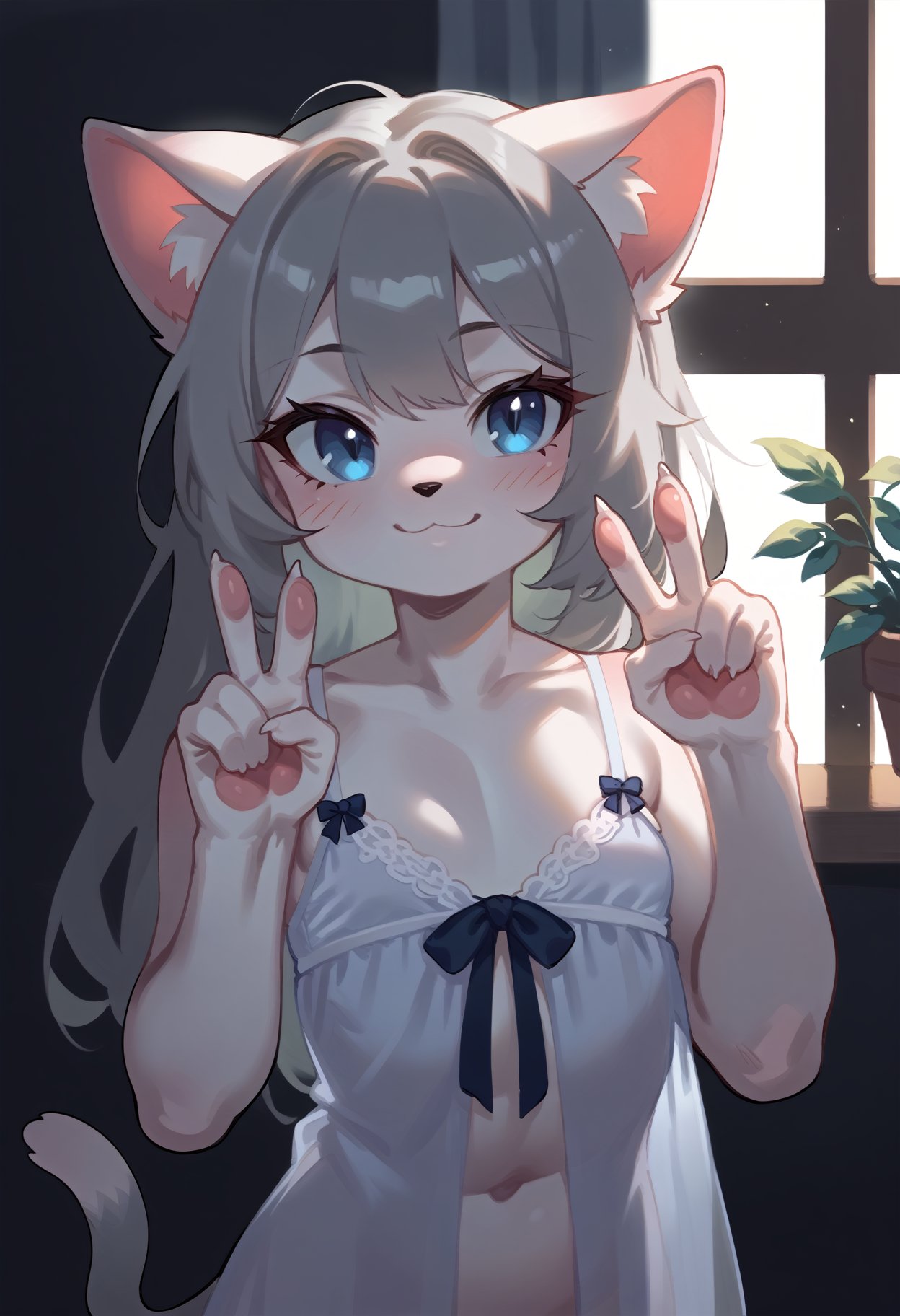 score_9, score_8_up, source_furry,1girl, furry,anthro, upper body, 1girl, solo, long hair, gray hair, blue eye, white nightgown, looking at viewer, smile, cat ears, white skin, white fur, cute, blush, small breasts, indoors, cat tail, v, aged down, pawpads, 