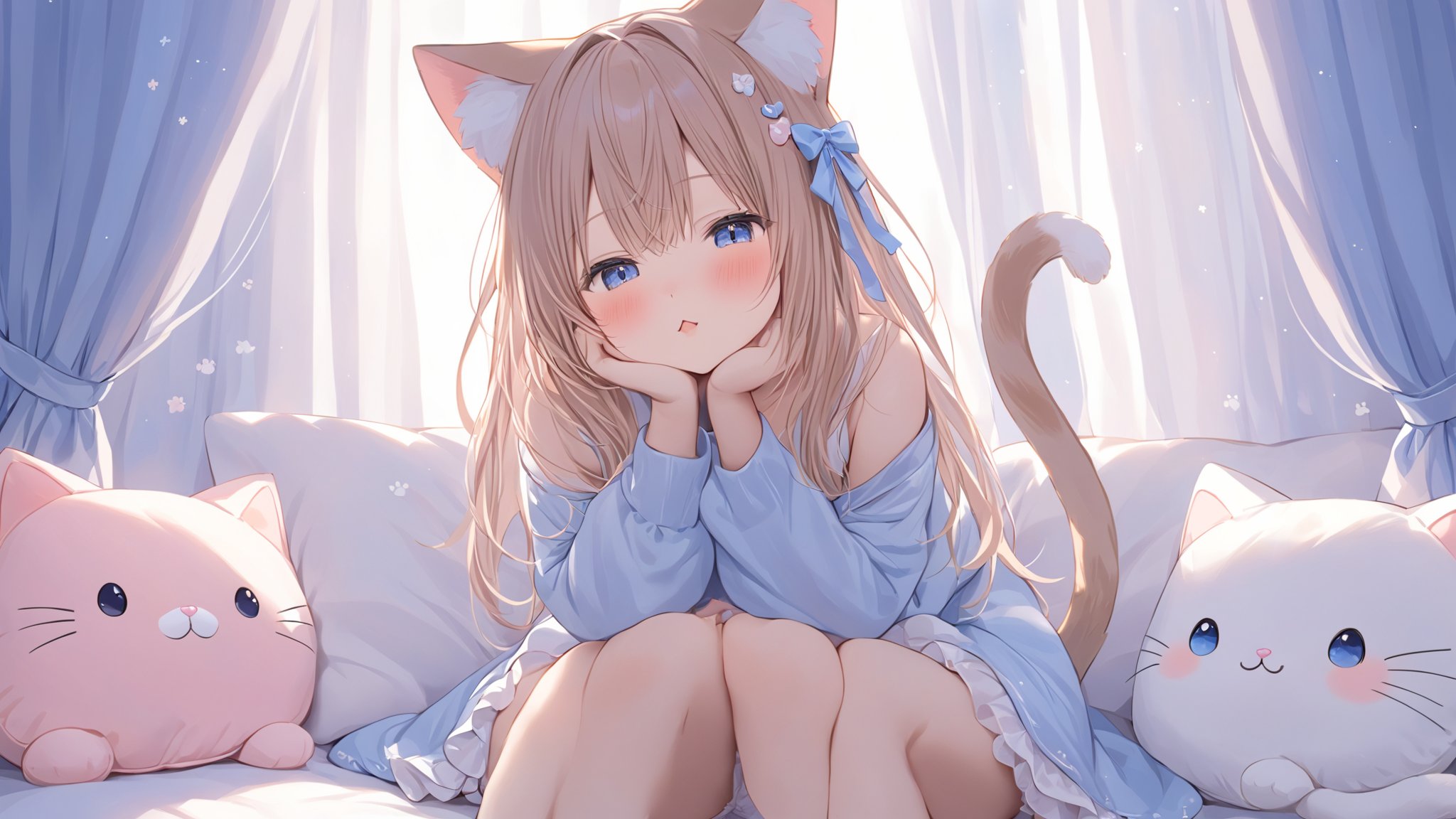 1girl, animal ears, bloomers, blue eyes, blush, cat ears, cat girl, cat tail, curtains, hair ornament, long hair, pillow, sleeves past wrists, stuffed animal, stuffed cat, stuffed toy, tail, underwear