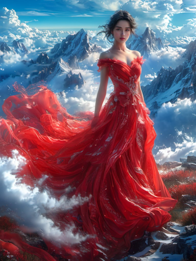 sdzs01,1girl,mountain,dress,solo,cloud,sky,red dress,black hair,looking at viewer,day,outdoors,bare shoulders,cloudy sky,scenery,<lora:sdzs-xl:0.8>,, best quality, ultra-detailed, masterpiece, finely detail, highres, 8k wallpaper