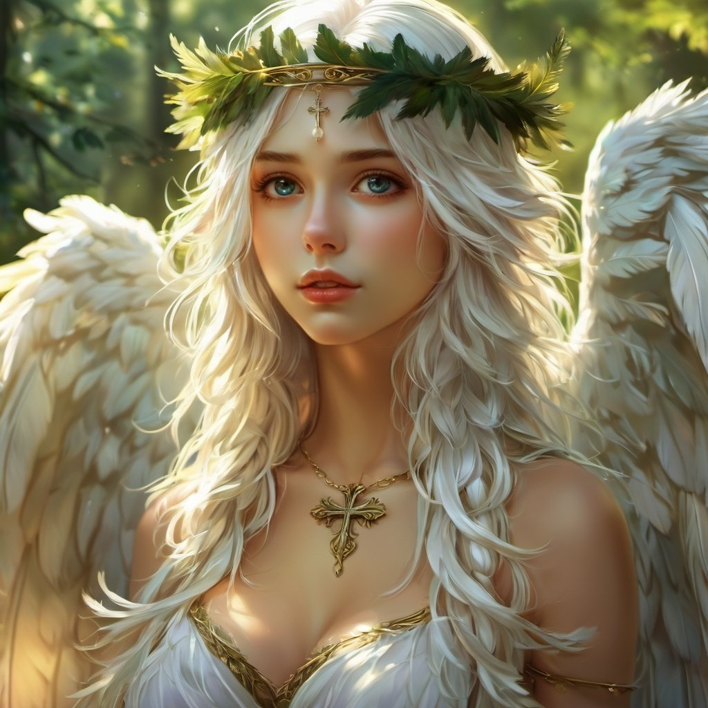 <lora:xltk:0.6>,white wings, 1girl, wings, solo, long hair, navel, breasts, feathered wings, necklace, jewelry, parted lips, looking at viewer, white hair, realistic, medium breasts, lips, head wreath, upper body, nature, cross, bare shoulders, angel wings