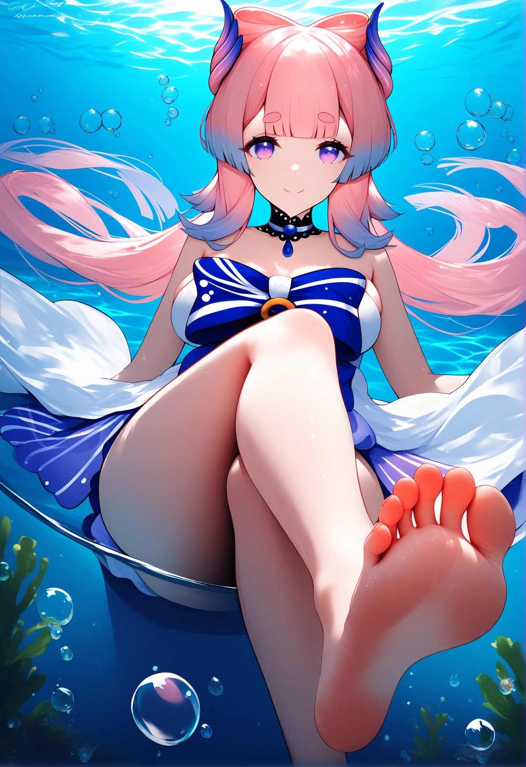 score_9, score_8_up, score_7_up, score_6_up, source_anime, <lora:YLI 0.1v:1>,1girl, sangonomiya kokomi, feet, solo, pink hair, soles, toes, foot focus, barefoot, underwater, sitting, long hair, crossed legs, looking at viewer, breasts, bangs, purple eyes, legs, bare shoulders, foreshortening, multicolored hair, bubble, bow-shaped hair, smile, air bubble, blue hair, blunt bangs, water, no shoes, bare legs, full body, closed mouth, choker, white gloves, gradient hair