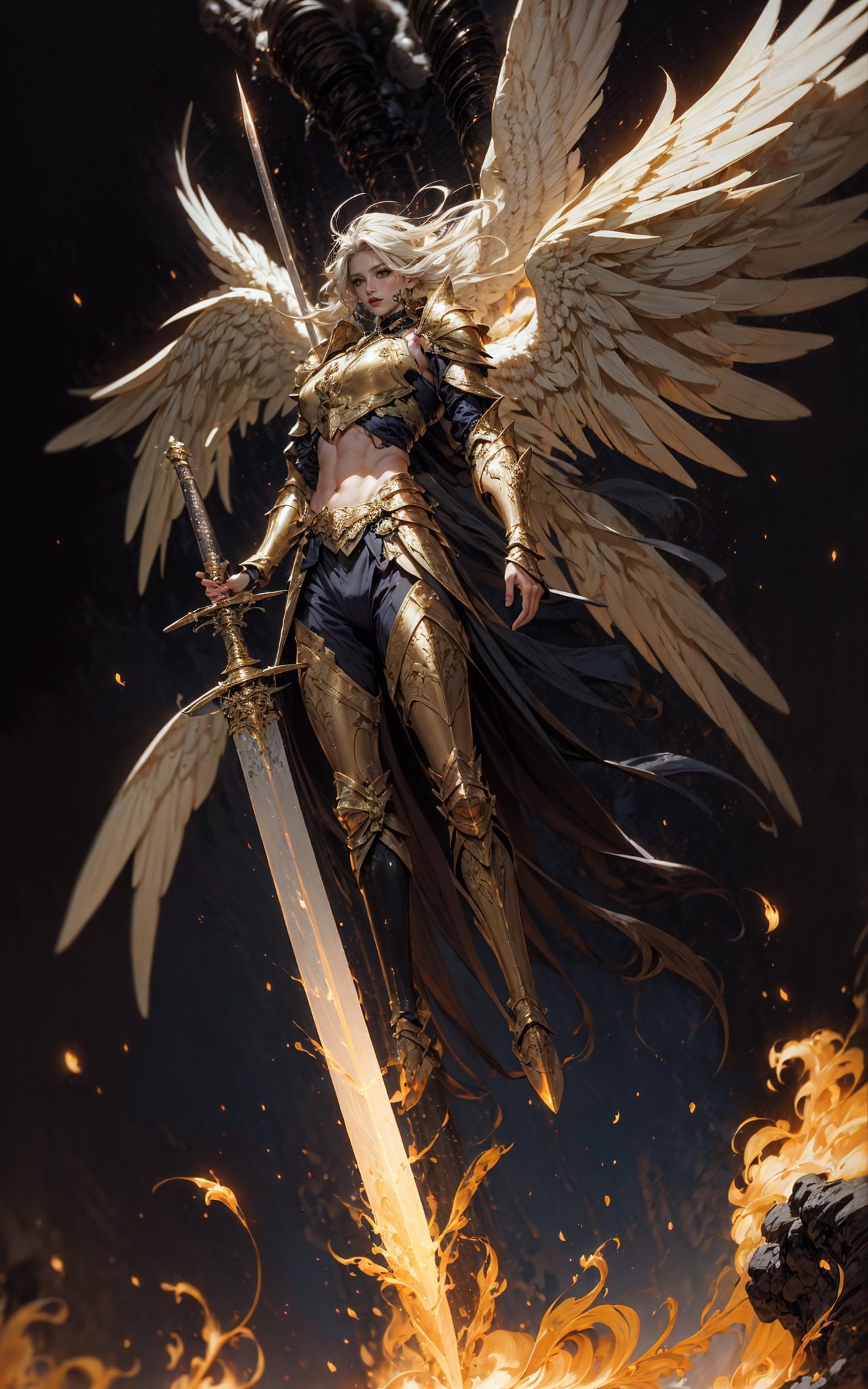 angel,Super powerful flame angel flies out of the clouds, behind him is golden meteor magic surrounding his body, Gothic style, gorgeous golden armor, huge flame great sword, rich background, sword art background, film shooting, depth of field, Super visual, Super visual ,bare shoulders，exposed abdomen，Flamboyant armour，Angel wings. Huge angel wings，<lora:绪儿-巨剑大天使V2 angel:0.8>