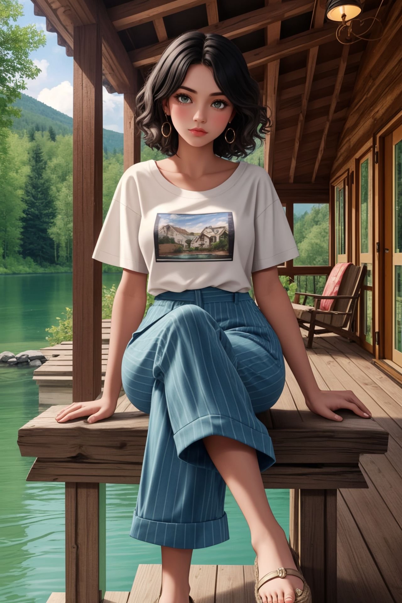 1 girl, solo, beautiful, female, adult polish woman, hazel eyes, black crimped hair,Striped wide-leg pants, white t-shirt, espadrille wedgesA cozy, rustic lakeside cabin with a view of the waterbeautiful, detailed, best quality, high resolution, masterpiece, 8k