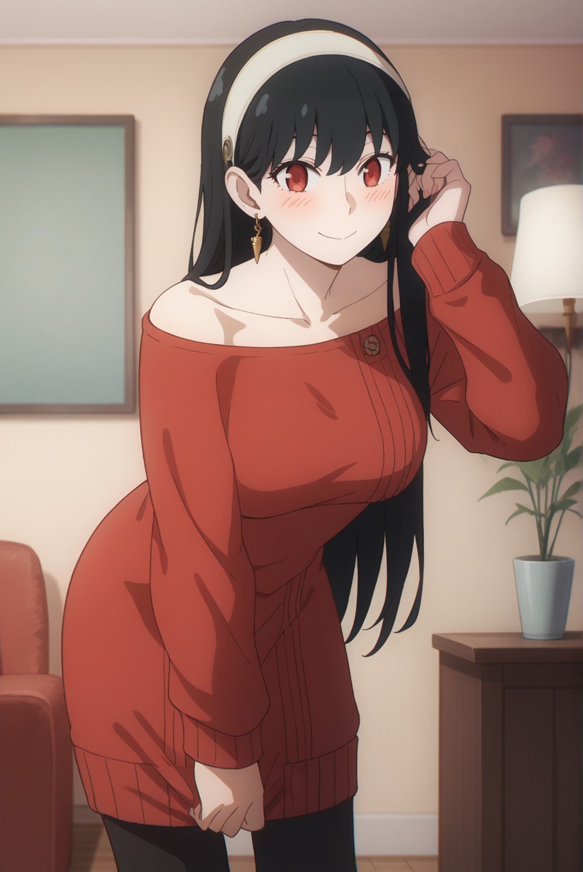 score_9, score_8_up, score_7_up, score_6_up, score_5_up, score_4_up, BREAK source_anime, 1girl, solo,<lora:SpyxFamilyYorXL-v1-07:0.7>, ChopioYor, black hair, red eyes, gold earrings, looking at viewer,long hair, straight hair, white hairband,medium breasts, (thick thighs:0.6), outfit_2, bare shoulders, collarbone, red sweater, sweater dress, long sleeves, sleeves past wrists, off-shoulder sweater, black leggings,living room, smile, standing, legs, leaning forward, adjusting hair, ear. blush,