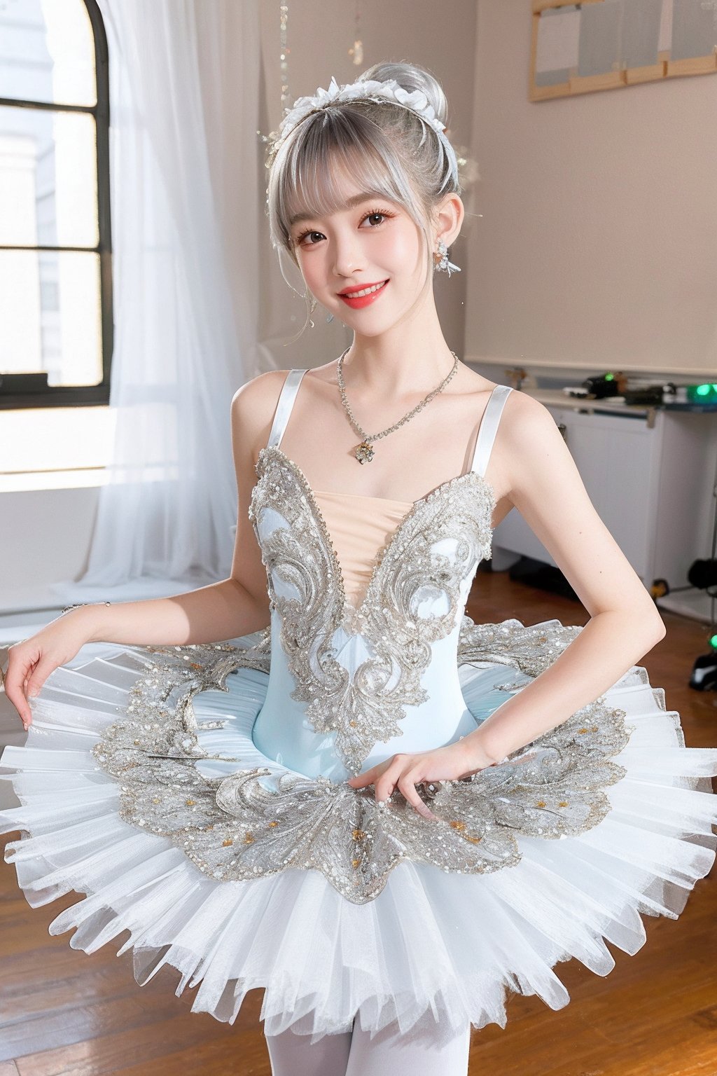 HDR,UHD,8K,best quality,masterpiece,Highly detailed,Studio lighting,ultra-fine painting,sharp focus,physically-based rendering,extreme detail description,Professional,masterpiece, best quality,delicate, beautiful,(1girl),(light silver Ballet_tutu:1.5),(jewelry:1.5),lace,(looking_at_viewer:1.2), realistic,(blunt bangs:1.2),(hair bun),(standing:1),(hair ornament:1.2), (jewelry necklace:1),dance classroom background,(Half-length photo:1),(smile:1),(white lace stockings:1),