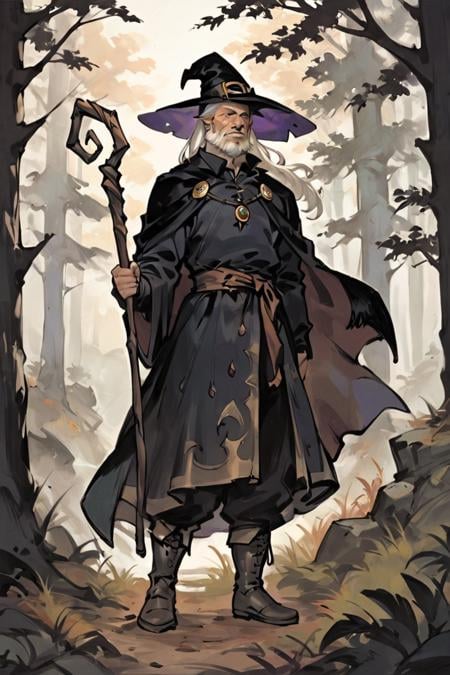 score_9, score_8_up, score_7_up, score_6_up, score_5_up, score_4_up, rating_safe, wizard, old, 1boy, old man, male focus, hat, beard, solo, staff, witch hat, facial hair, forest, nature, robe, long hair, looking at viewer, tree, holding, white hair, outdoors, holding staff, boots <lora:Ink Style LoRA XL:0.7>