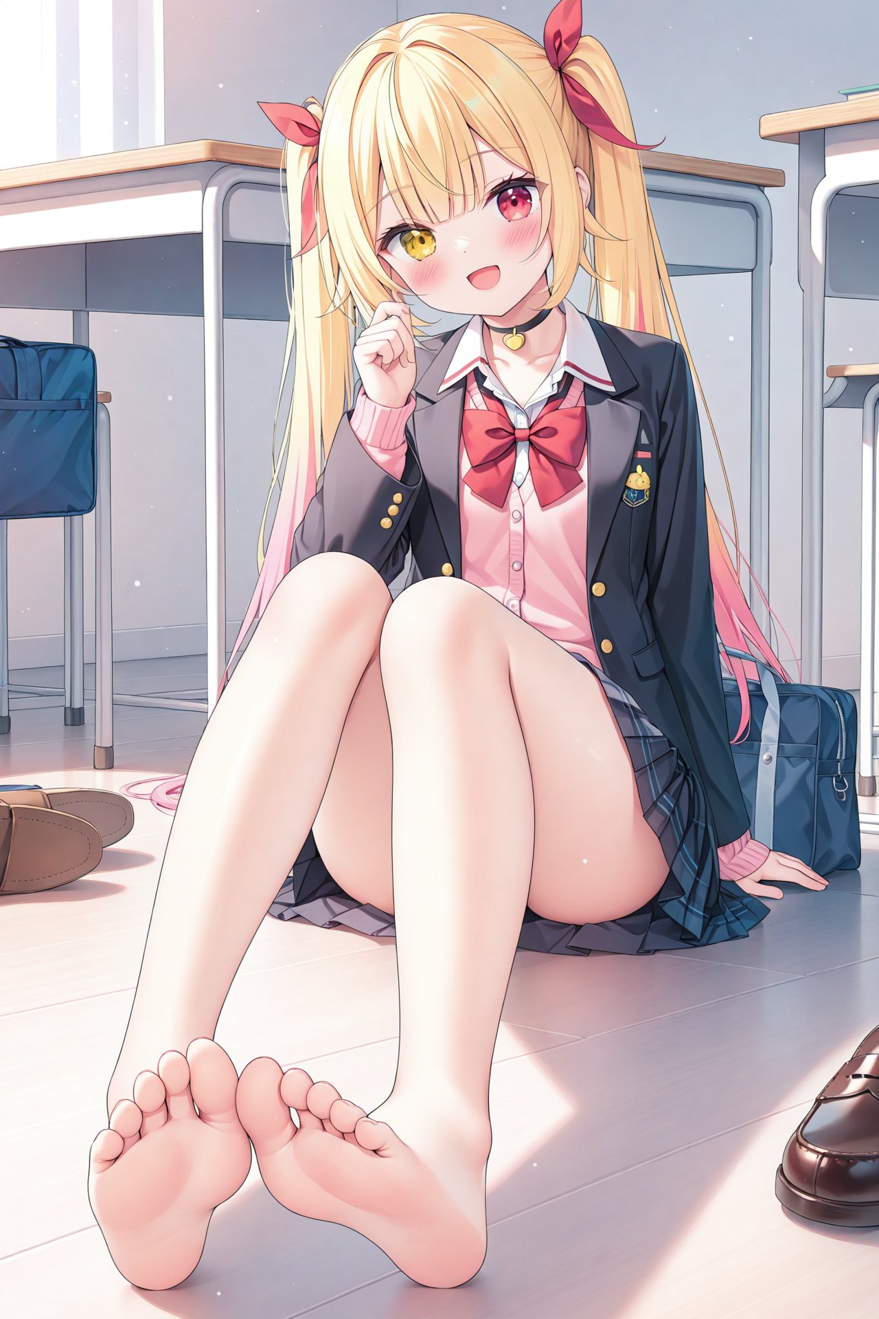 masterpiece,best quality,illustration,ultra detailed,hdr,Depth of field,(colorful),[Artist chen bin],1girl,hoshikawa sara,virtual youtuber,blonde hair,barefoot,toes,solo,feet,shoes,jacket,soles,sitting,school uniform,unworn shoes,skirt,twintails,heterochromia,foot focus,looking at viewer,bowtie,bow,choker,yellow eyes,ribbon,shirt,multicolored hair,smile,red bow,open mouth,hair ribbon,black choker,indoors,red bowtie,gradient hair,bare legs,legs,red eyes,long hair,collared shirt,pink hair,pink sweater,bag,long sleeves,black jacket,blazer,white shirt,hand up,red ribbon,pink cardigan,foreshortening,pleated skirt,blush,desk,school bag,