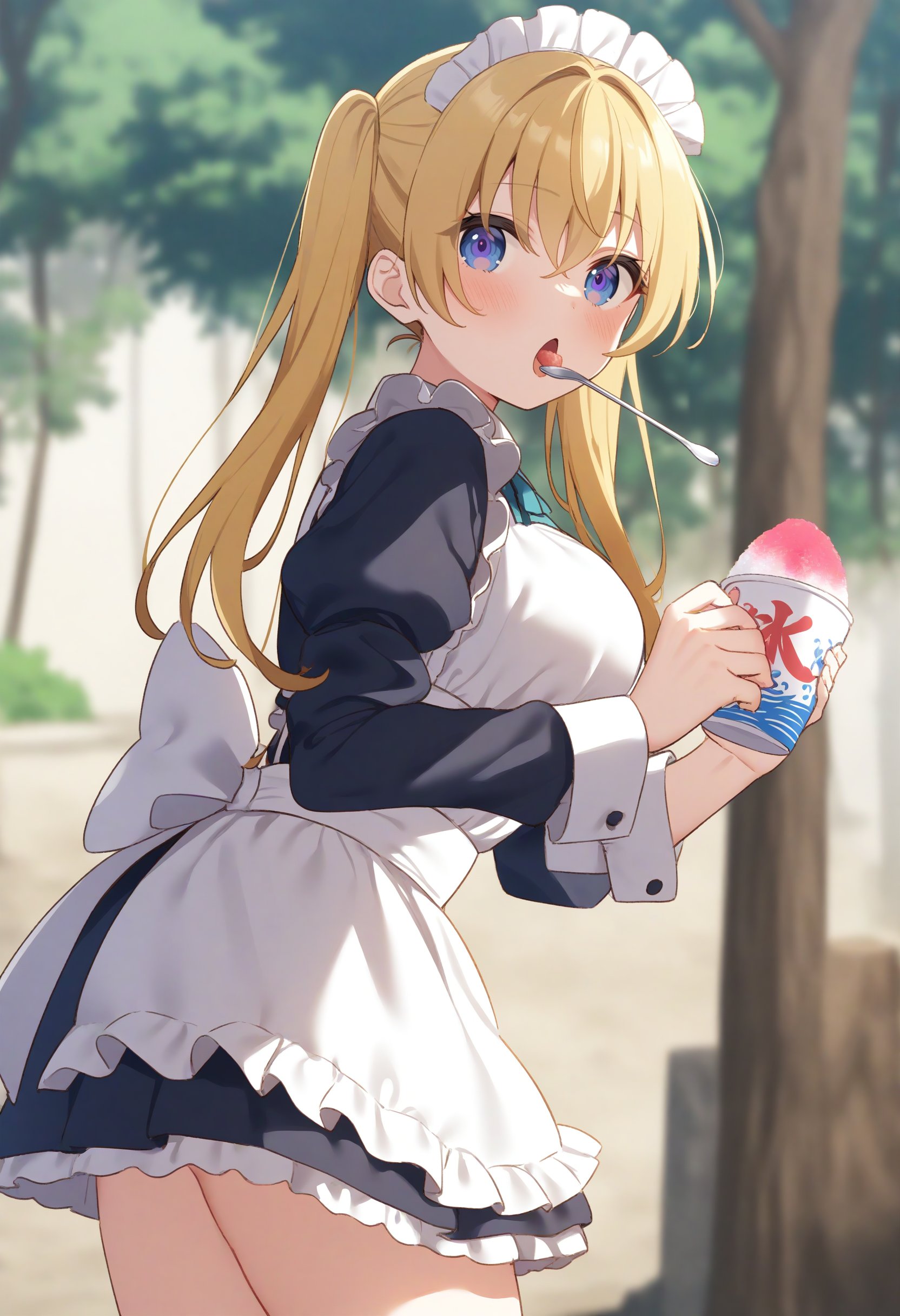 1girl,sincos, ningen mame, toosaka asagi,solo,large breasts,20yo,maid,maid headdress,shaved ice,<lora:shavedice_XL_v1:0.8>holding drinking straw, spoon straw, eating,from behind, wide shot, looking to the side, blonde hair, purple eyes,kubrick stare, roads in the forest, open mouth, side hair,,best quality, very aesthetic, absurdres