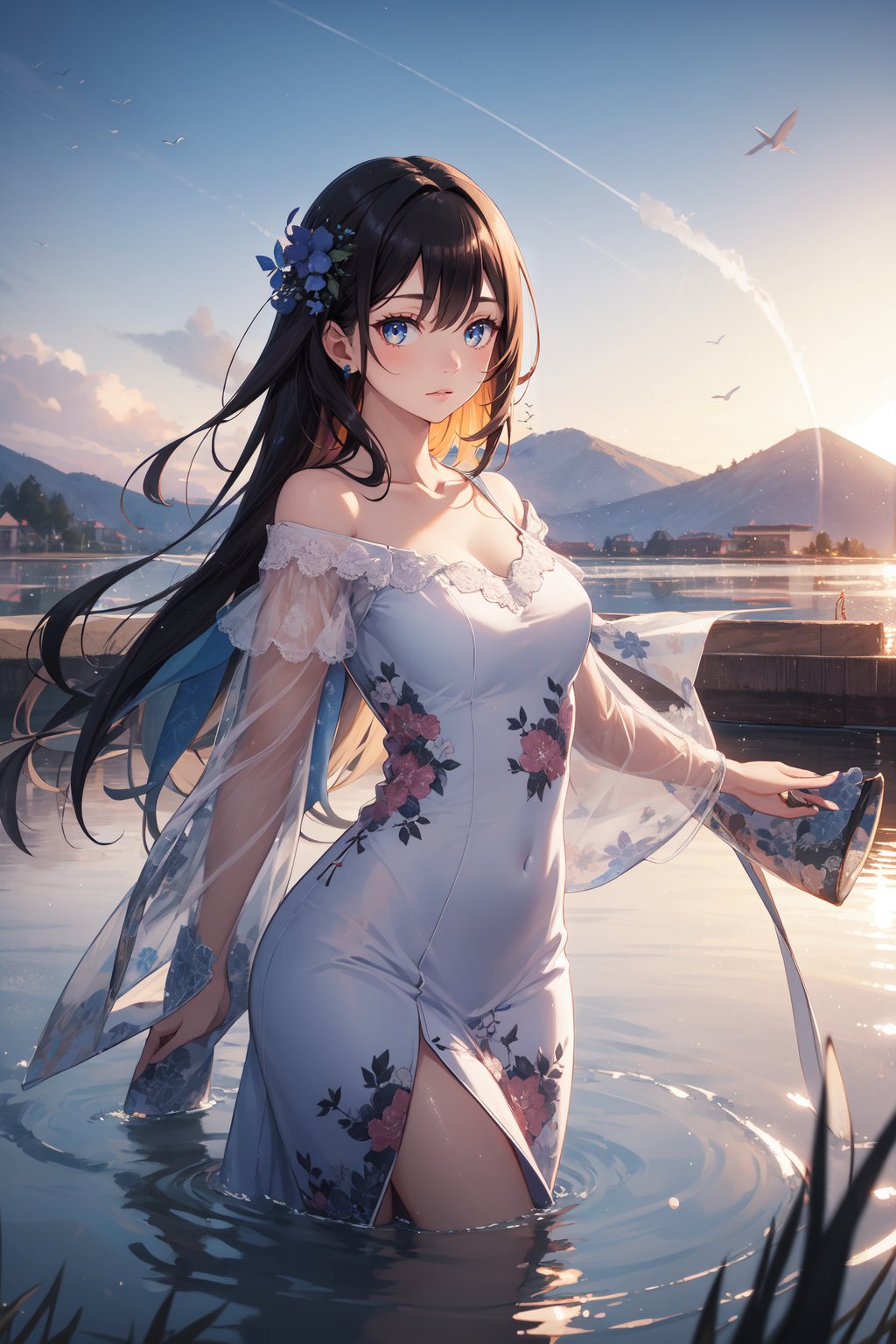 1girl,solo,(looking at viewer:1.1),Relieved, Mouth turned up slightly, eyes wide open, and a relaxed jaw.,Velvet off-the-shoulder A-line dress with bell sleeves,portrait,posing,beautiful face,beautiful eyes,glossy skin,shiny skin,BREAKMarshland, Sunrise, Birds, Water, Reeds, Reflection, Serenity, Colors,(Wildflowers, Meadow grass, Mountain peaks, Morning mist, Dawn light, Alpine breeze:0.6),beautiful detailed sky,beautiful detailed glow,posing in front of a colorful and dynamic background,masterpiece,best quality,beautiful and aesthetic,contrapposto,female focus,wallpaper,fashion,