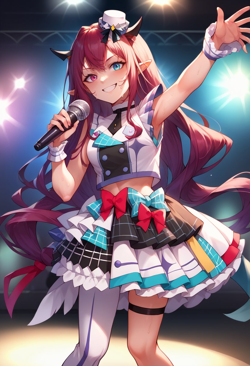 score_9, score_8_up, source_anime, 1girl, solo, IrysIdol, heterochromia, purple eye, blue eye, long hair, mini hat, hololive idol uniform, layered skirt, single sleeve, wrist cuffs, single thighhigh, on stage, stage lights, smile, sweat, holding microphone, dynamic pose, <lora:CHAR-IrysPonyXL:1>