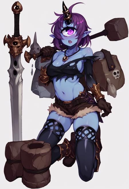 score_9, score_8_up, score_7_up, score_6_up, <lora:MonsterGirlXL_P6_lokr_V43P1NF:0.95> 1girl, cyclops, one-eyed, solo, horns, single horn, blue skin, thighhighs, colored skin, pointy ears, weapon, monster girl, gloves, purple hair, boots, ahoge, hammer, simple background, purple eyes, kneeling, necklace, jewelry, blush, black thighhighs, full body, open mouth, glowing eye, holding, sword, white background, oni, skull, shorts, breasts, looking at viewer