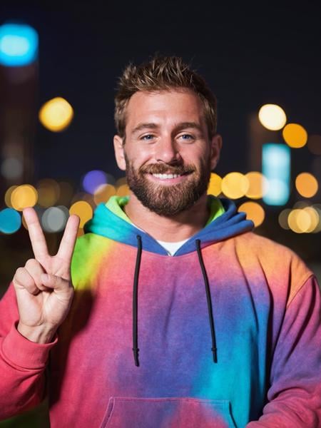 realistic, real life, handsome man, v sign, beard, looking at viewer, depth of field, bokeh, wearing comfy colorful hoodie, large pecs, hairy, smile, cityscape, city lights, skyline, from below, dynamic angle,