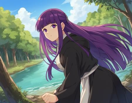 score_9, score_8_up, score_7_up, source_anime,fern, <lora:fern-s1-ponyxl-lora-nochekaiser:1>,fern, long hair, bangs, purple eyes, purple hair, sidelocks, blunt bangs, bright pupils, half updo,long sleeves, dress, white dress, long dress, robe, black robe,outdoors, nature, forest, trees, river, sun, sky, clouds, bent over,looking at viewer, cowboy shot, dutch angle,