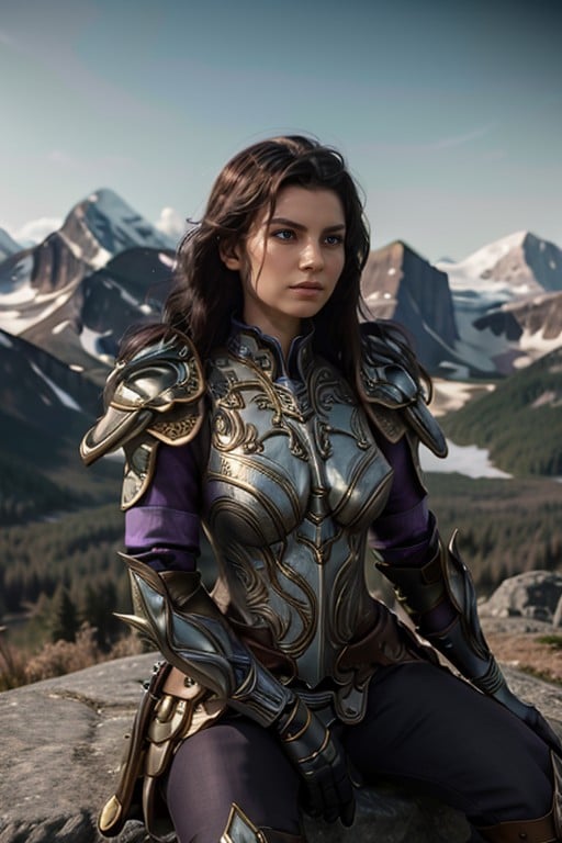 <lora:HXarmour_069:0.8>,MOUNTAIN,Sitting with elbows on knees,, hxarmour,1girl,(purple armour:1.3),, ultra-detailed,extremely delicate and beautiful,(by exquisite colors block),masterpiece,best quality,unreal engine 5 rendering,movie light,movie lens,movie special effects,detailed details,HDR,UHD,8K,CG wallpaper,