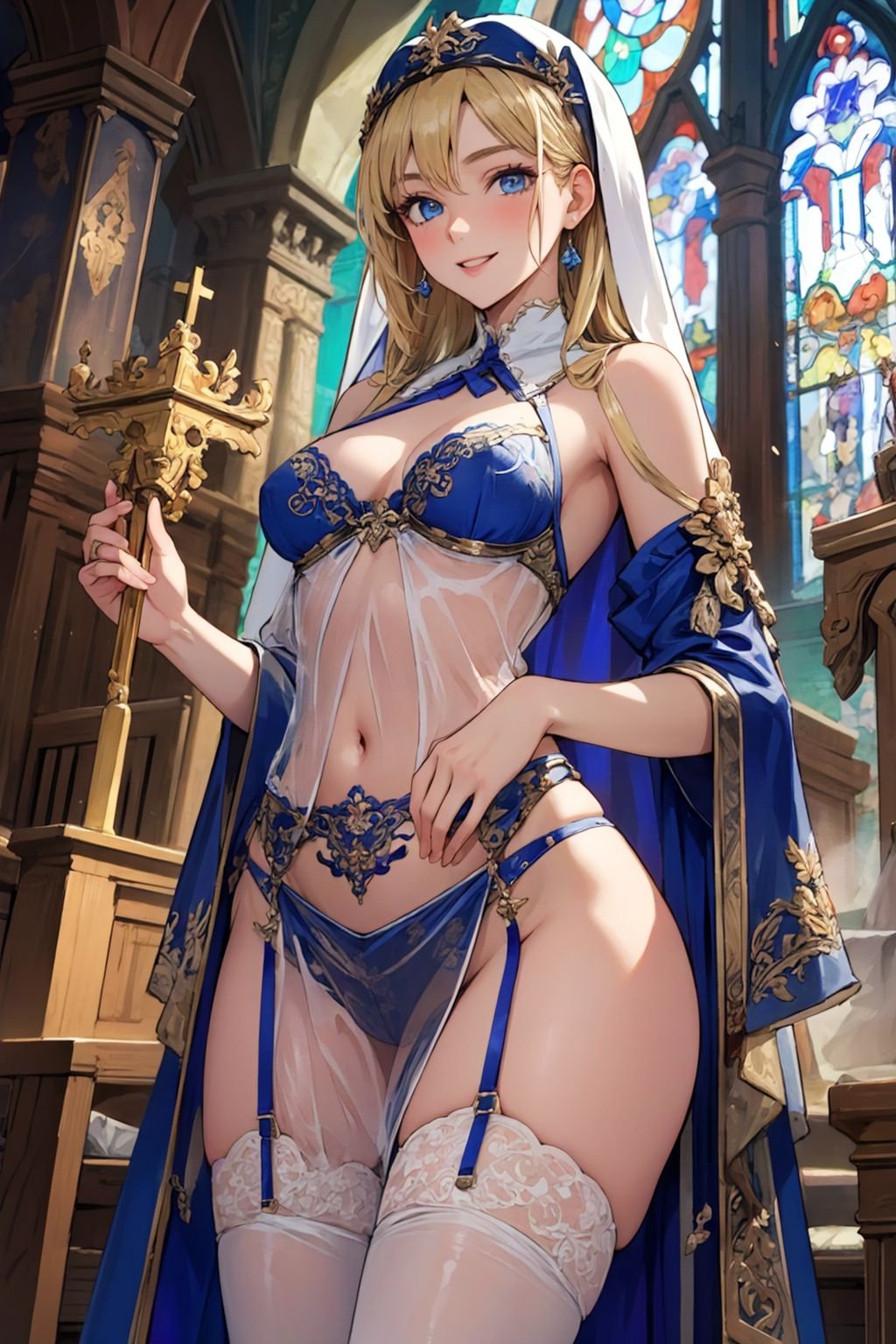 (Masterpiece:1.3), (best quality:1.2), (detailed background:1.1), (intricate details:1.1), (detailed background:1.2), fantasy theme, 1girl, (soft skin:1.2), long blonde hair, blue eyes, (medium breasts:1.2), nun, lingerie, (pelvic curtain:1.2), (groin:1.2), (see-through:1.3), lace, stockings, smile, indoors, church, stained glass, altar, <lora:detail_slider_v4:3>