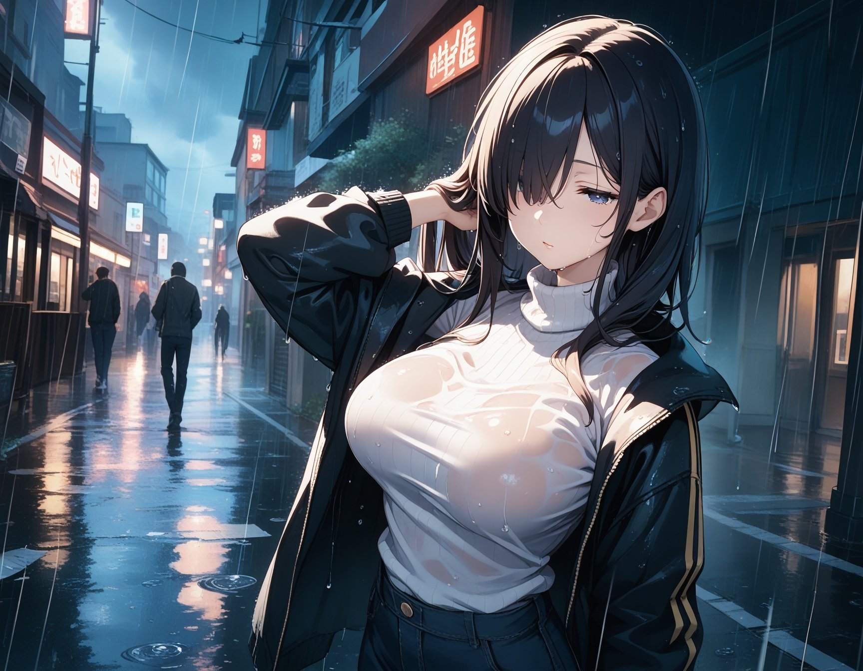 masterpiece, best_quality, BREAK1girl,half-closed_eyes,hair over one eye,hand_on_own_hair,large_breasts,wet_body,open_jacket,turtleneck_sweater, rain,street,