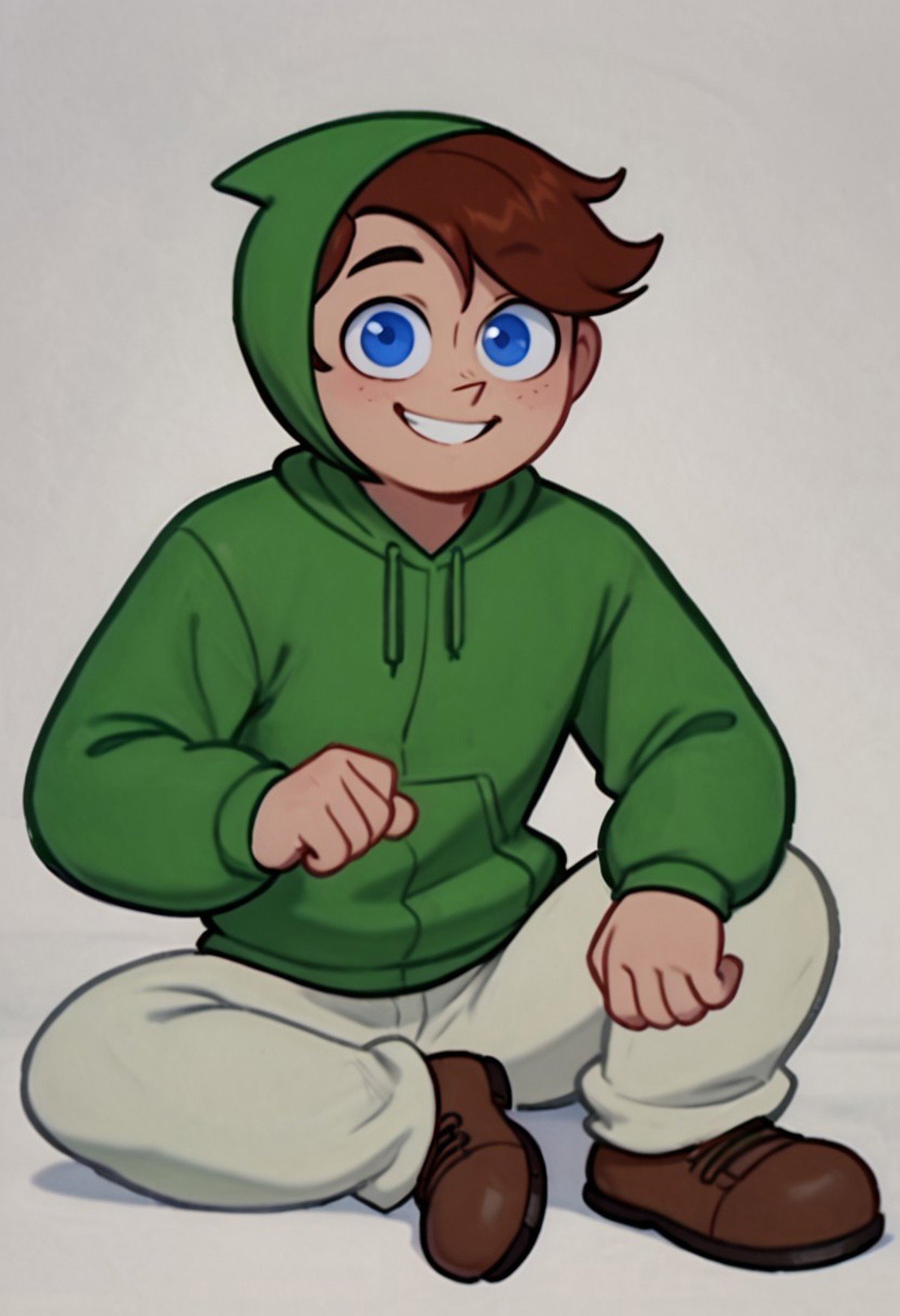 score_9, score_8_up, score_7_up BREAK FlcrDex, 1boy, brown hair, blue eyes, green hoodie, white pants, brown shoes, smiling at viewer,