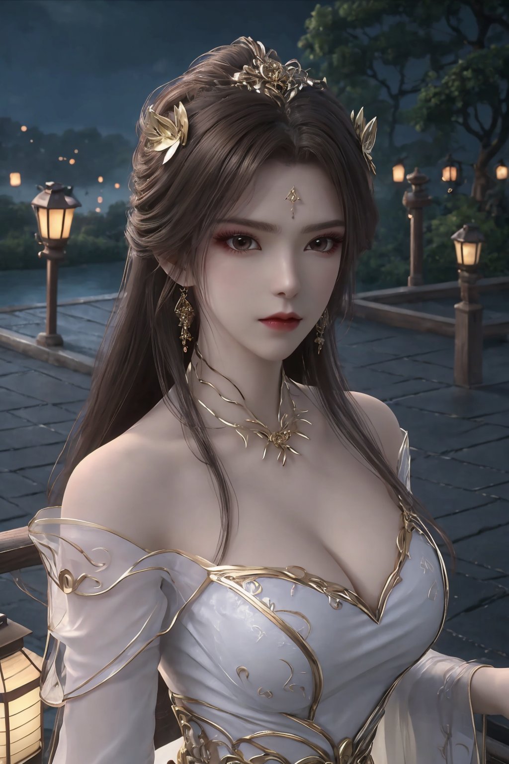 1girl, breasts, brown eyes, brown hair, building, cleavage, dress, earrings, hair ornament, jewelry, lantern, lips, long hair, looking at viewer, necklace, night, paper lantern, solo, white dress <lora:天穹1.0:0.8>