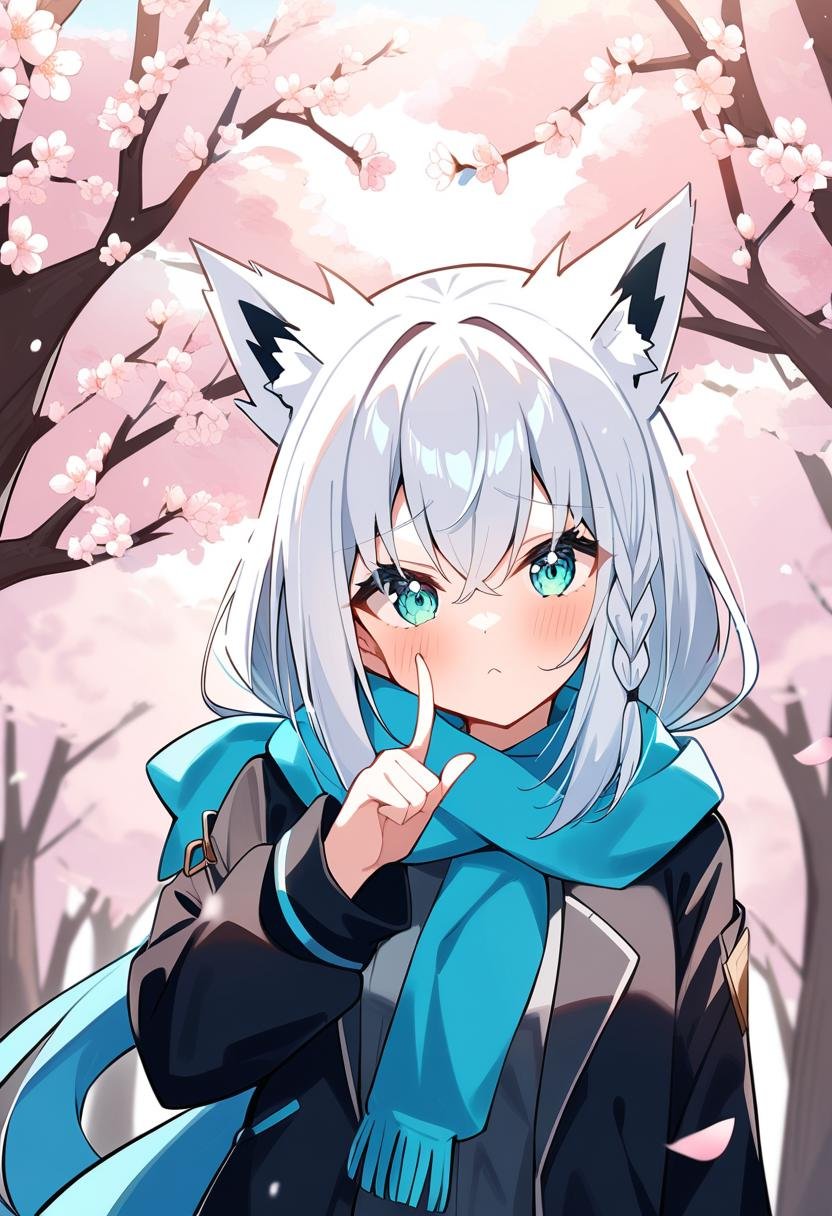 1girl, shirakami fubuki, hololive, bow, eyelashes, furrowed brow, hair between eyes, hand up, jacket, looking at viewer, jacket, scarf, scrunchie, sidelocks, simple outdoors, solo, head tilt, index finger raised, cherry blossoms, masterpiece, best quality, very aesthetic, absurdres,