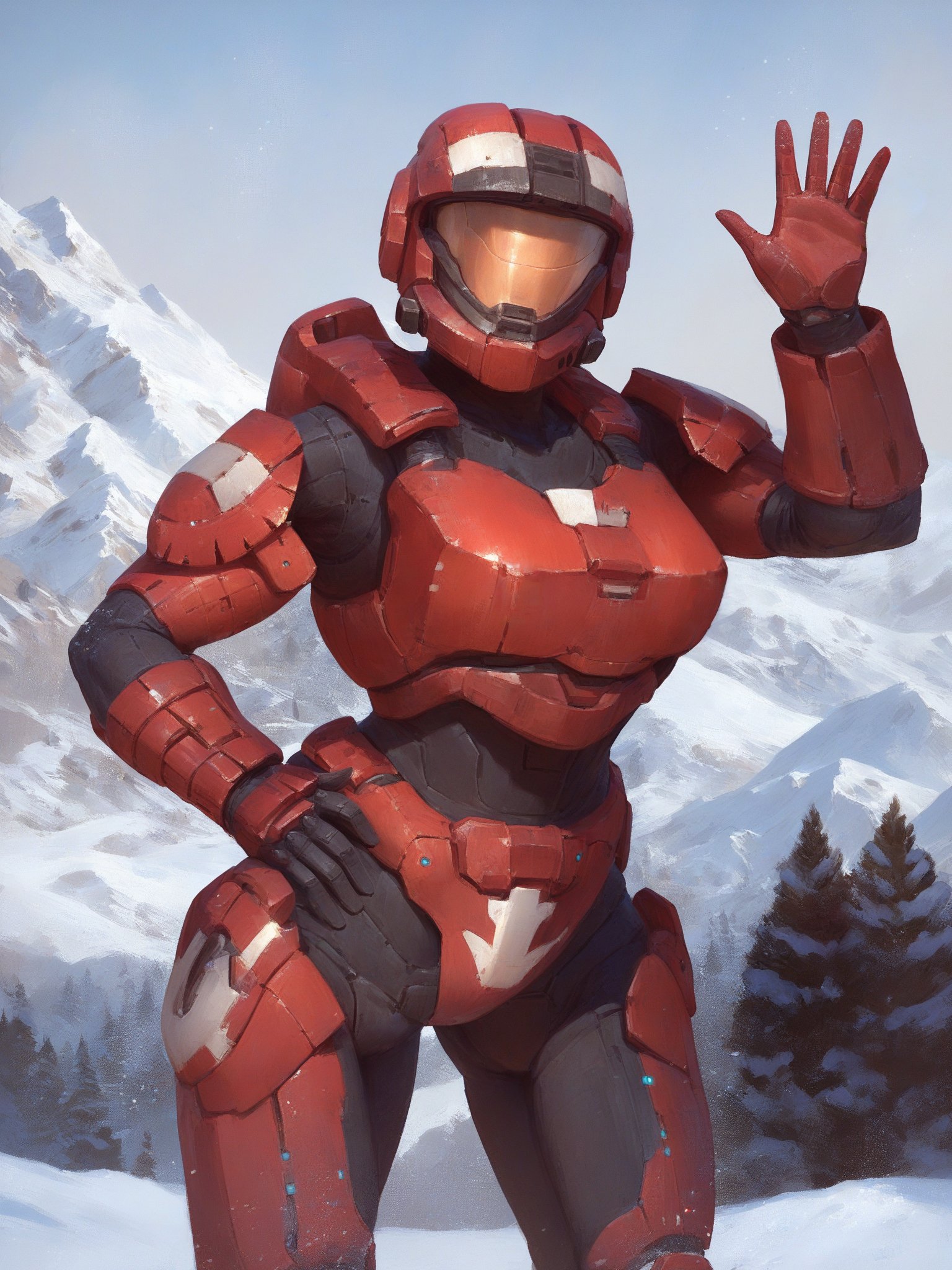 score_9, score_8_up, score_7_up, score_6_up, score_5_up, score_4_up, spartan \(halo\), (1girl, female:1.2), solo, standing, helmet, faceless, armor, gloves, power armor, crotch plate, breastplate, outside, snow, mountain, looking at viewer, waving at viewer, waving, hand on hip, red armor, looking at viewer, pose, gesture, excited<lora:spartan_pdxl:1>