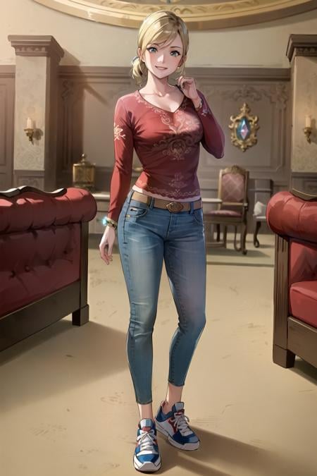 (masterpiece,best quality),1girl,traceygtav,standing,facing viewer,full body,(plain red long-sleeve shirt:1.2),blue jeans,jewelry,smiling,sneakers,(indoors,ornate furniture,gem coated furniture:1.4),detailed background, <lora:TraceyGTAV:0.65>,