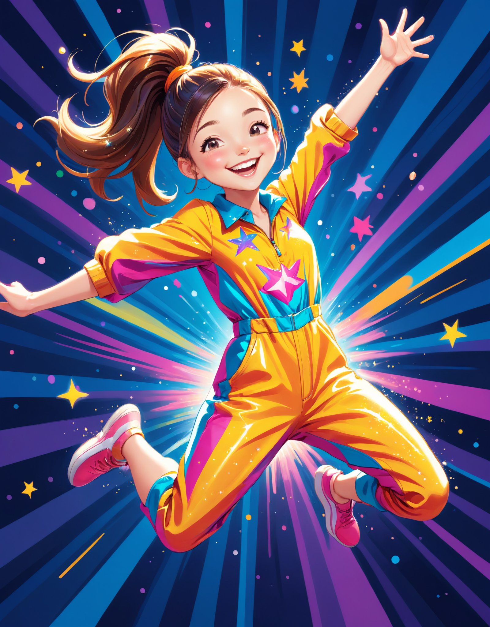 Illustration of a cheerful, energetic girl in a stylish jumpsuit, jumping mid-air with a beaming smile and arms stretched out. Bright colors, high ponytail, and a background of sparkles to capture the youthful and vibrant essence.