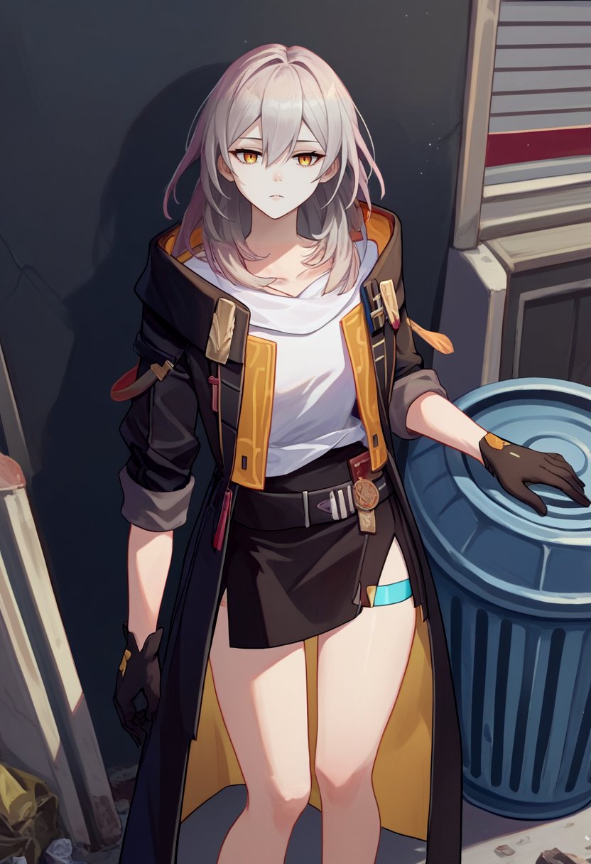 score_9, score_8_up, score_7_up, source_anime, solo, 1girl, hsrstelle, expressionless, looking at viewer, black coat, open coat, white shirt, black gloves, black skirt, thigh strap, trash can <lora:hsr_stelle_ponyXL:1>