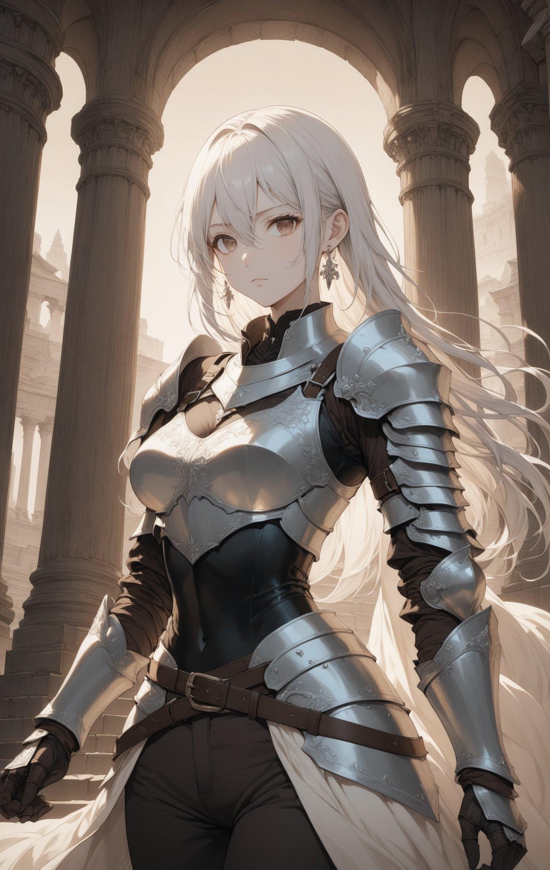 masterpiece, best quality,1girl, breasts, armor, looking at viewer, shoulder armor, belt, cleavage, white hair, long hair,  gloves, solo, pants, earrings, medium breasts, jewelry, cleavage cutout, black gloves, pauldrons, closed mouth, hair between eyes, standing, cowboy shot, pillar, black pants, gauntlets, breastplate, sepia tones, highres, 4k, 8k, intricate detail, cinematic lighting, amazing quality, wallpaper <lora:aesthetic_anime_v1s:1>