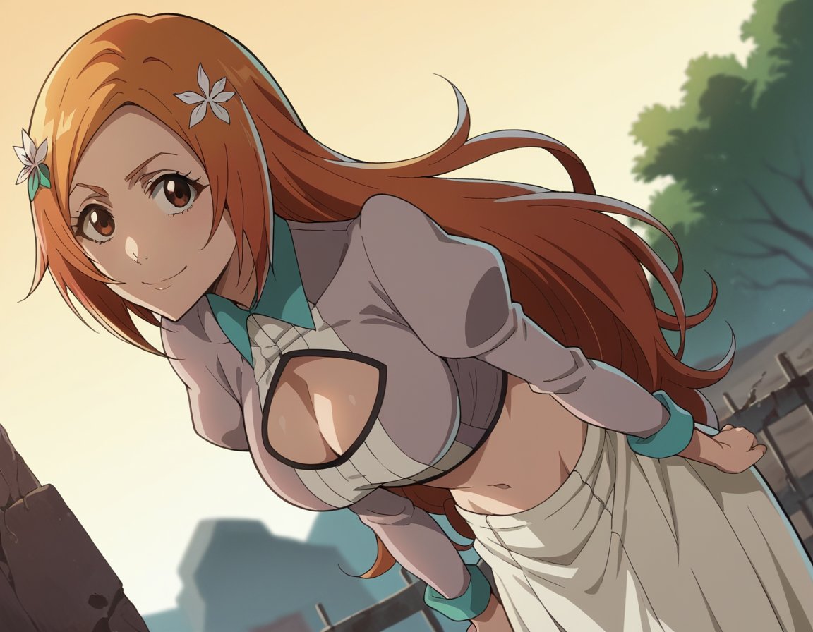 score_9, score_8_up, score_7_up, source_anime,inoueorihime, <lora:inoue-orihime-tybw-ponyxl-lora-nochekaiser:1>,inoue orihime, long hair, orange hair, brown eyes,tybwoutfit, skirt, hair ornament, navel, cleavage, midriff, clothing cutout, cleavage cutout, white skirt, long skirt, long sleeves, rolled up sleeves,outdoors, wasteland, bent over, smile,looking at viewer, cowboy shot, dutch angle, solo,