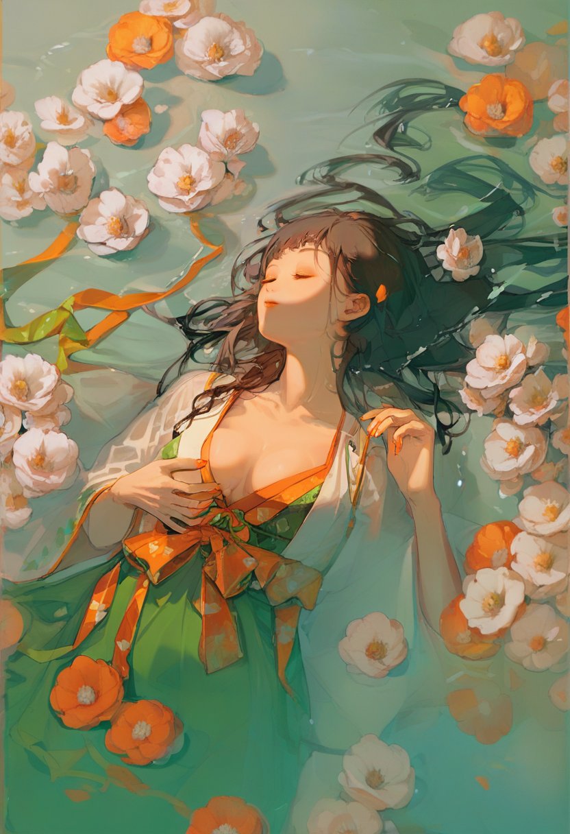 score_9, score_8_up, score_7_up, score_6_up, <lora:REDUMXL_P6_lokr_V53P1:0.95>   1girl, flower, long hair, solo, lying, on back, black hair, holding, breasts, water, closed eyes, nail polish, white flower, cleavage, japanese clothes, partially submerged, dress, bangs, downblouse, orange nails