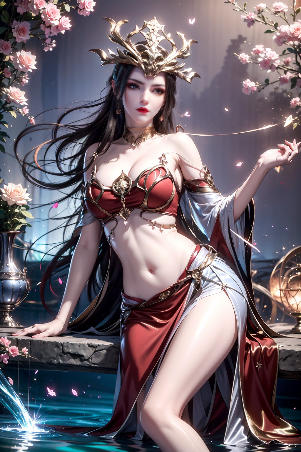 8k,RAW photo,best quality,masterpiece,hatching (texture),skin gloss,light persona,artbook,extremely detailed CG unity 8k wallpaper,official art,(high detailed skin),glossy skin,contrapposto,female focus,sexy,fine fabric emphasis,wall paper,reclining,1girl,solo,(red_dress:1.2),very long hair,hair ornament,midriff,navel,headwear,glowing butterflies,gemstones,sparkling,ribbon,flower,petals,reflection,reflection light,gem,mdscr-hd,mdsq-hd,<lora:0413美杜莎皇冠12864x:0.8>,ll-hd,<lora:1111白皙质感:0.5>,ty-hd,<lora:0110田野:0.6>,