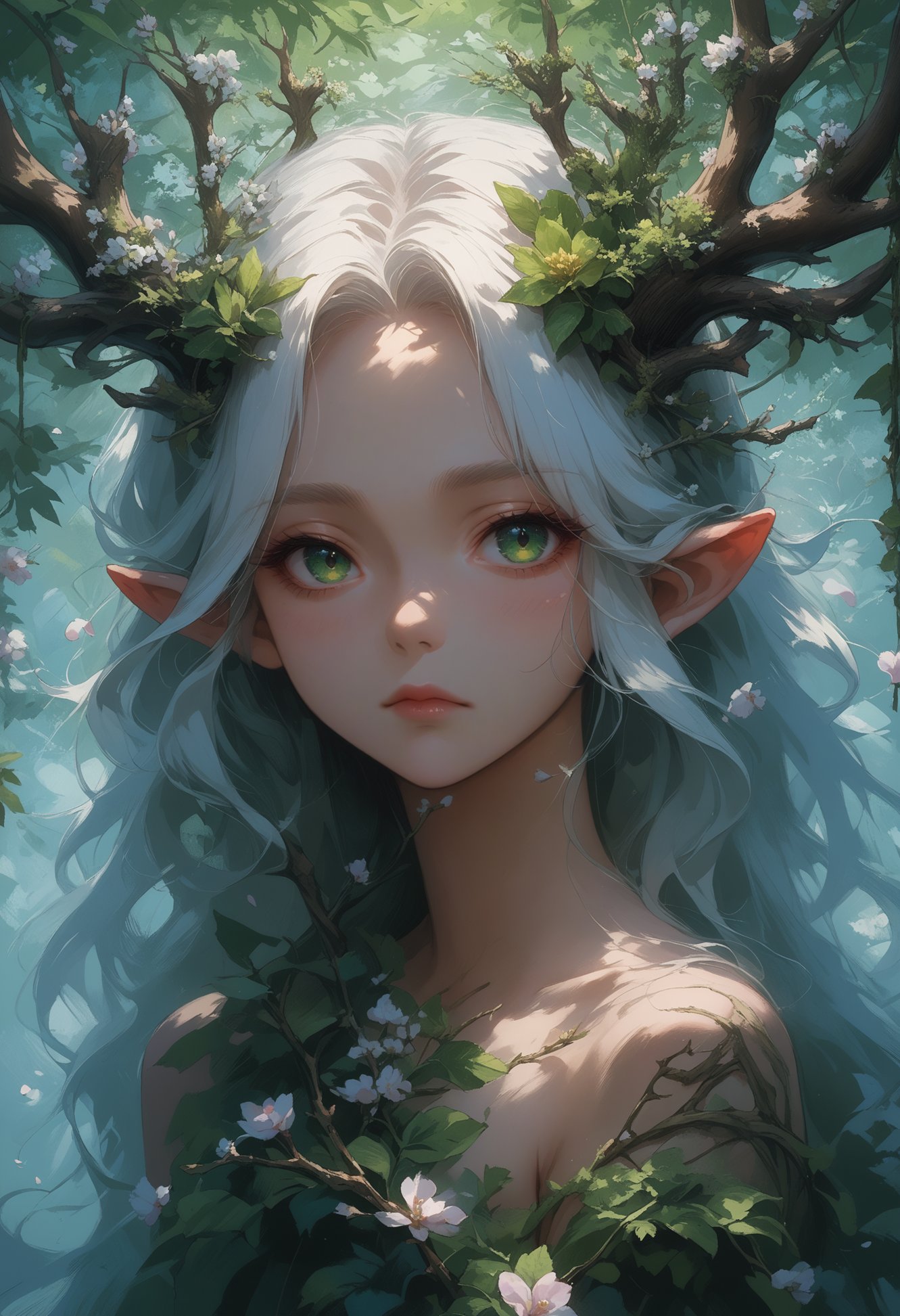 score_9, score_8_up, score_7_up, source_anime, 1girl, solo, long hair, closed mouth, green eyes, upper body, white hair, flower, nude, horns, pointy ears, fingernails, petals, cherry blossoms, branch, antlers, dryad, 